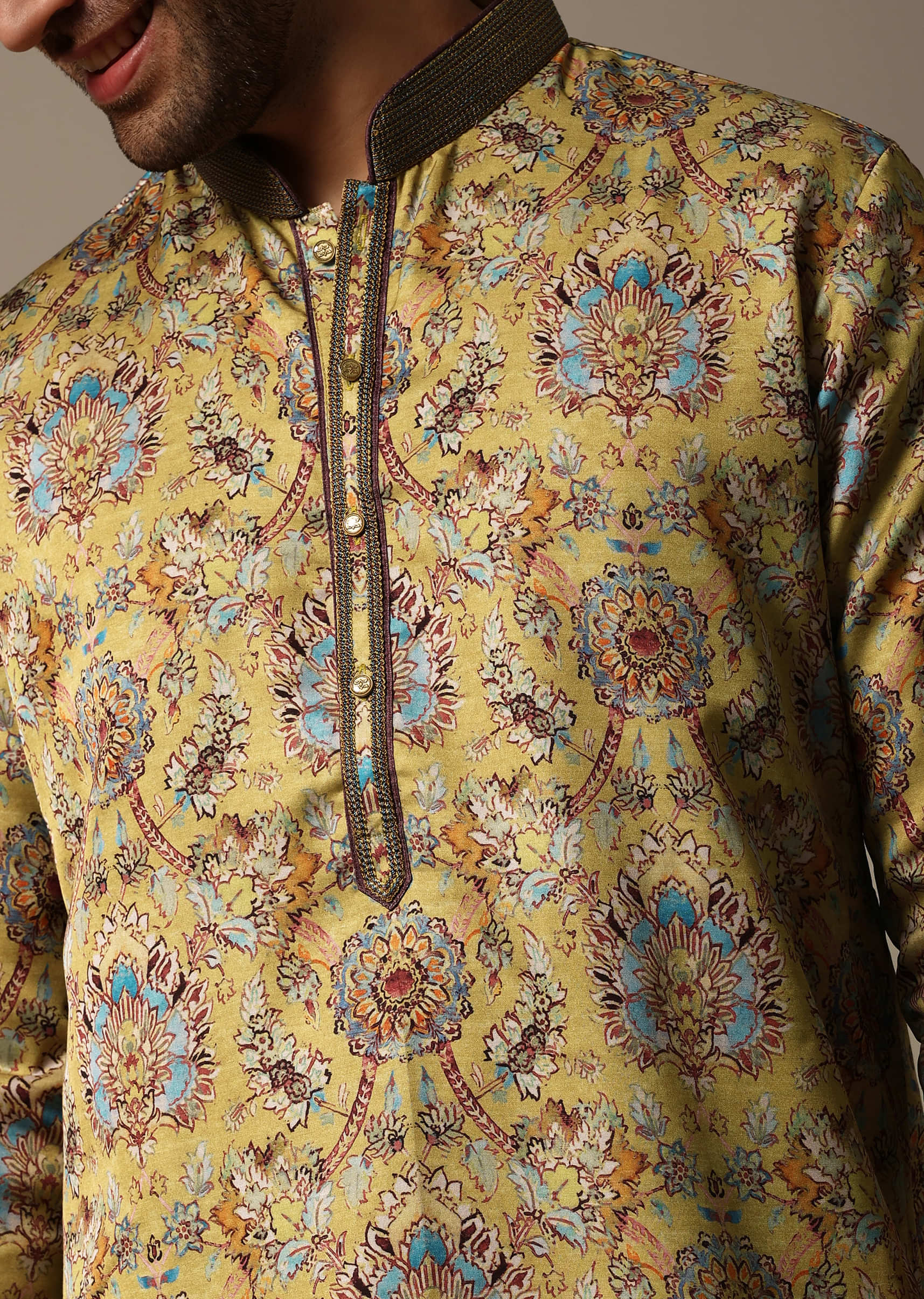 Mustard Yellow Printed Silk Kurta Set For Men - Image 2