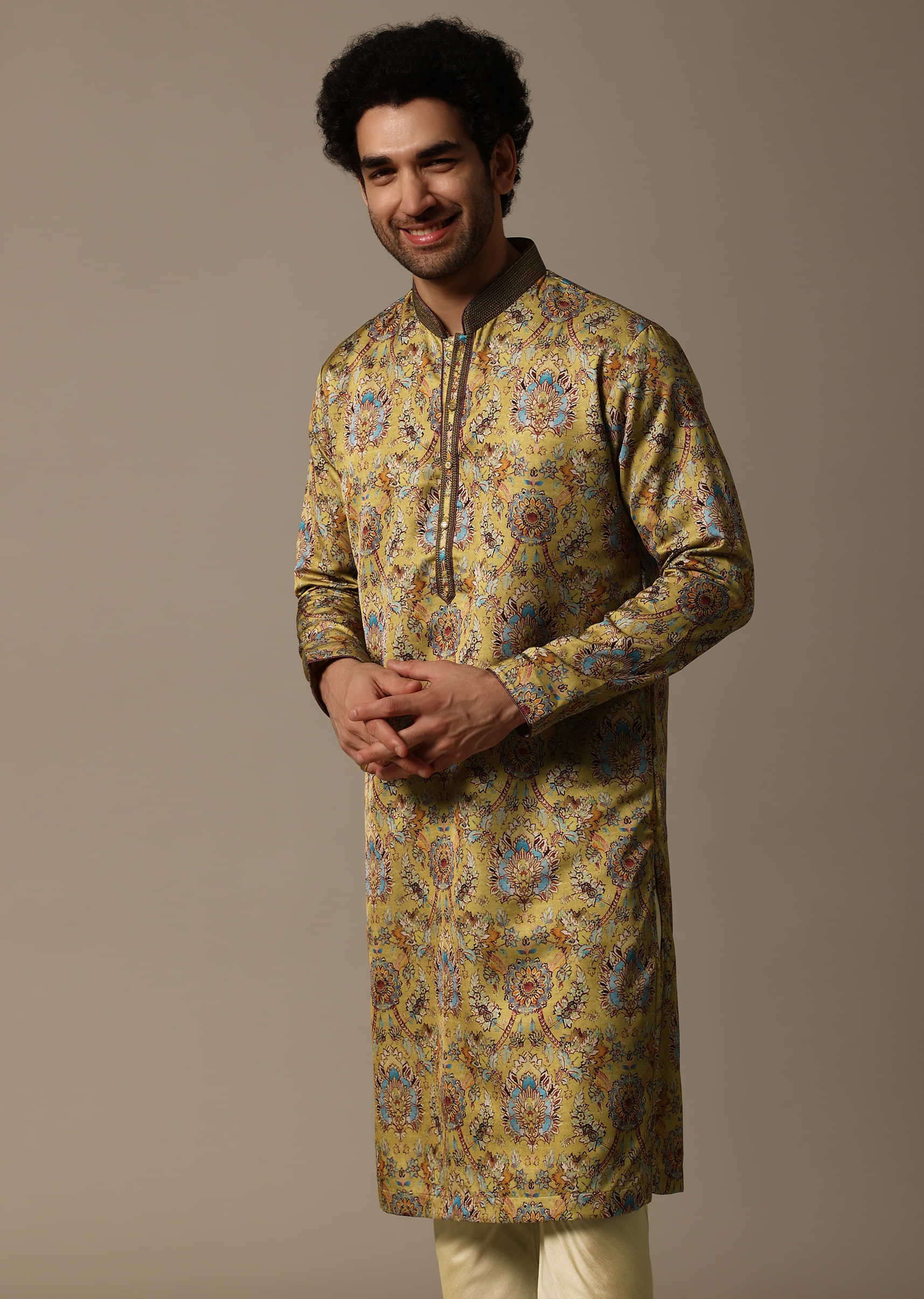 Mustard Yellow Printed Silk Kurta Set For Men - Image 4