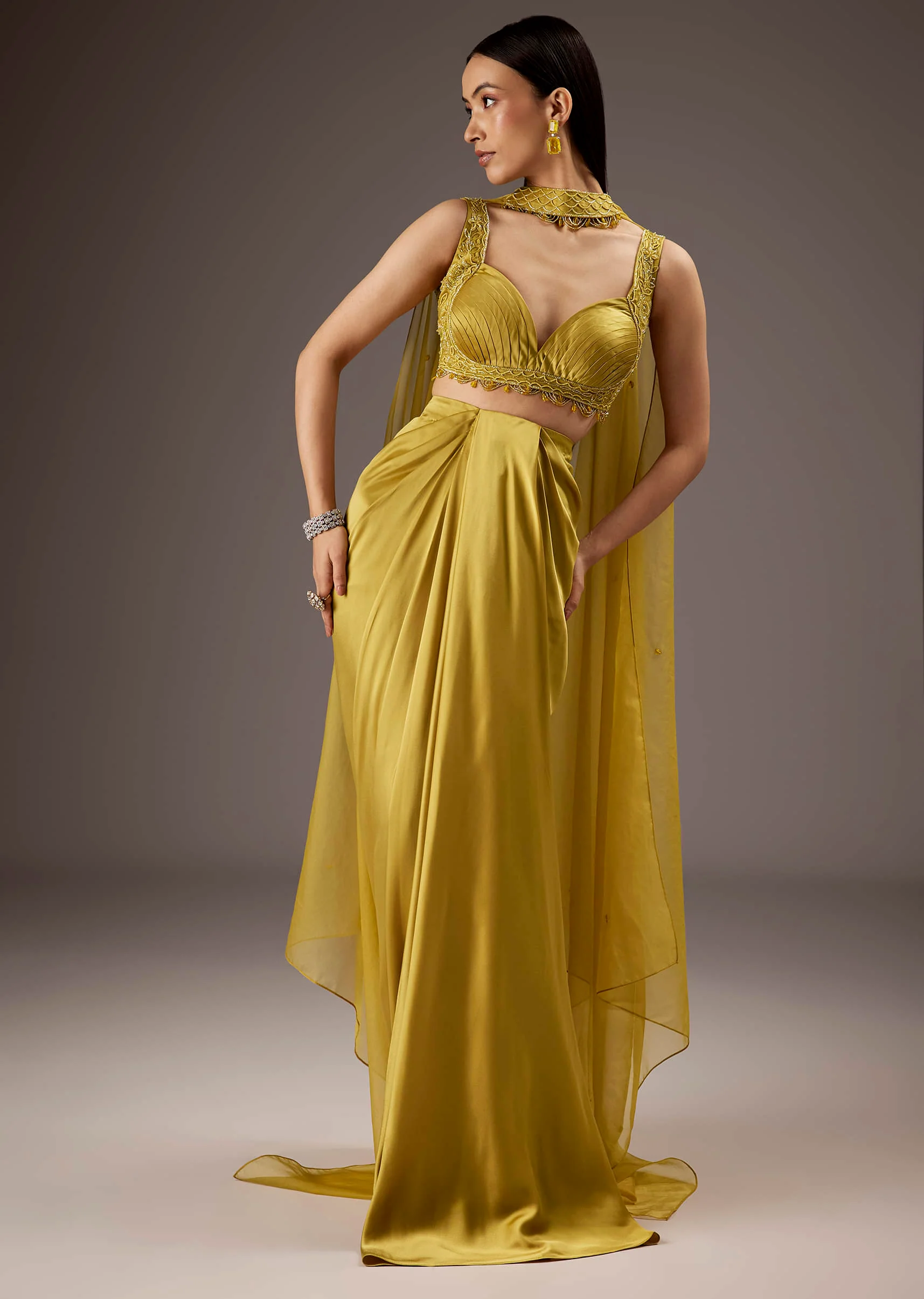 Mustard Yellow Satin Crop Top Skirt With Heavy Embroidery
