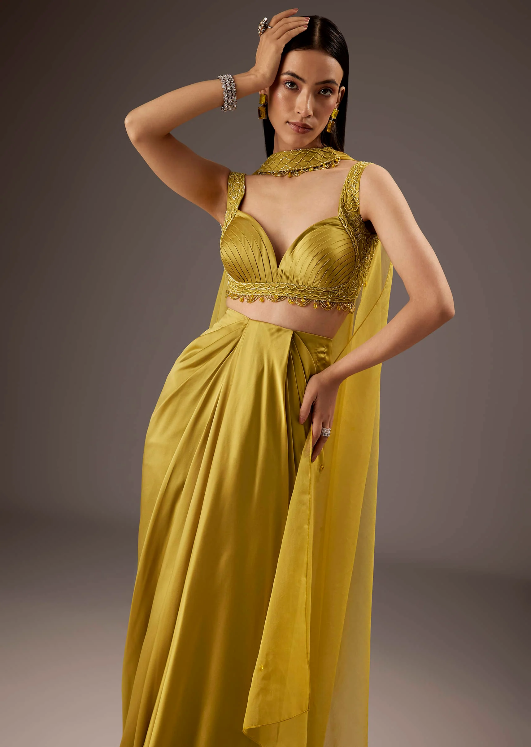 Mustard Yellow Satin Crop Top Skirt With Heavy Embroidery - Image 5