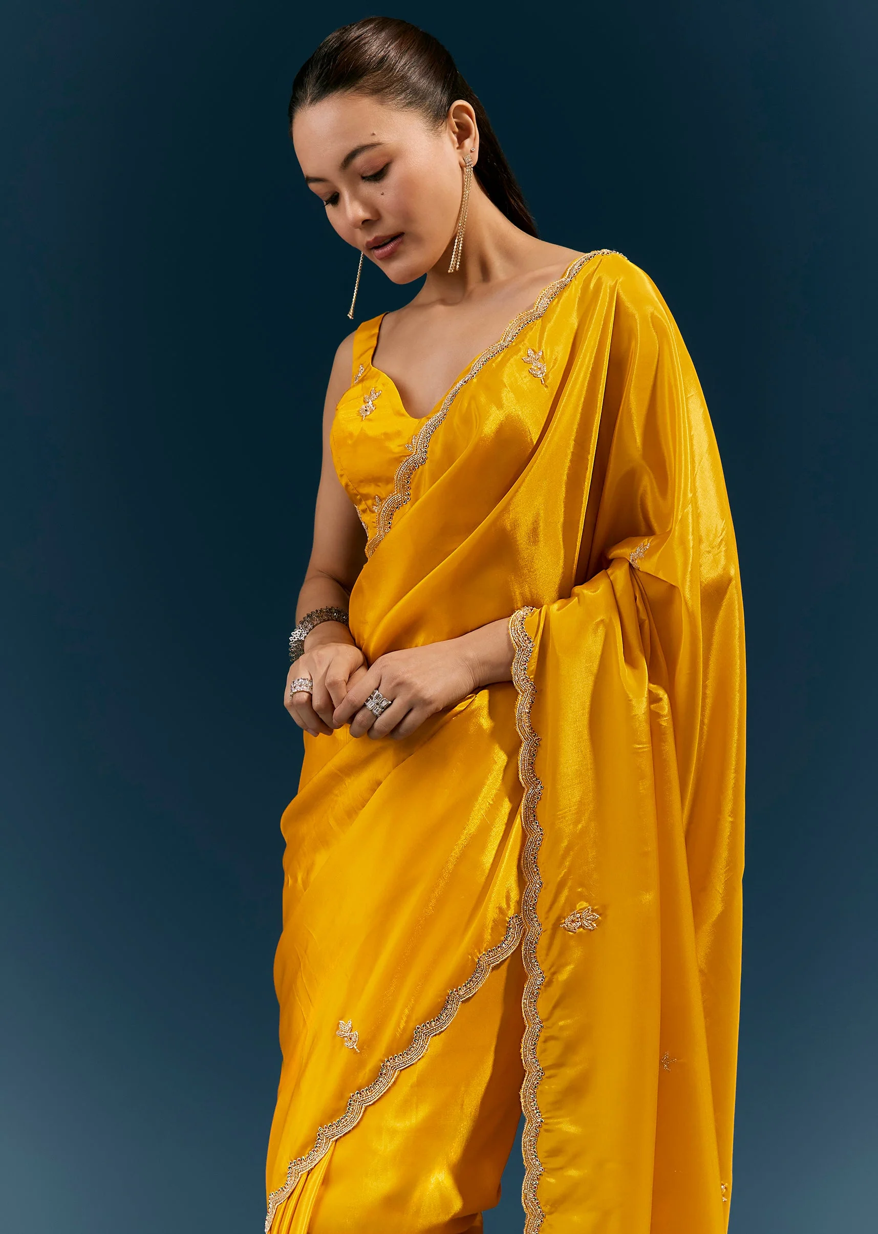Mustard Yellow Satin Saree With Scalloped Embroidered Border And Butti - Image 5