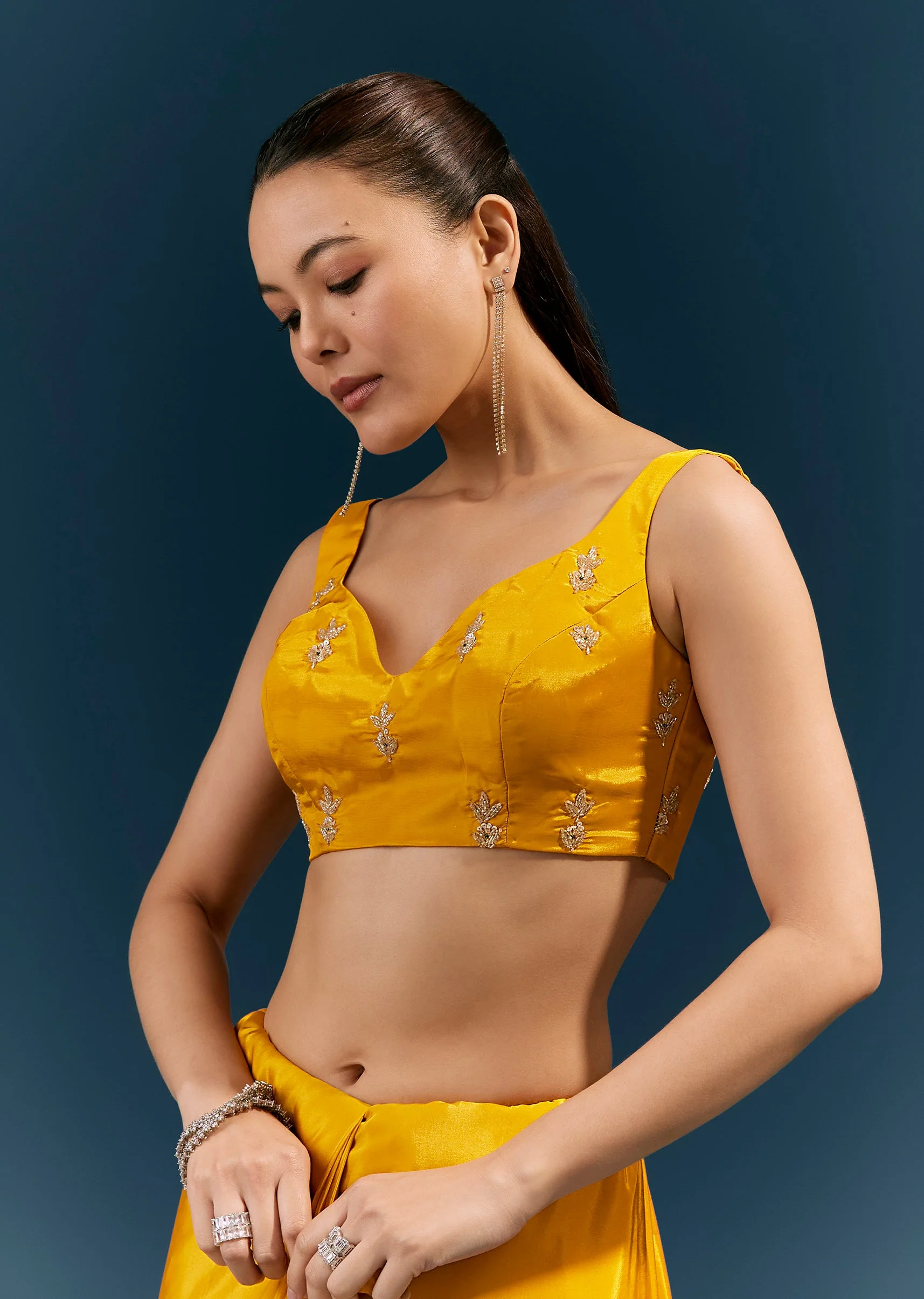 Mustard Yellow Satin Saree With Scalloped Embroidered Border And Butti - Image 7