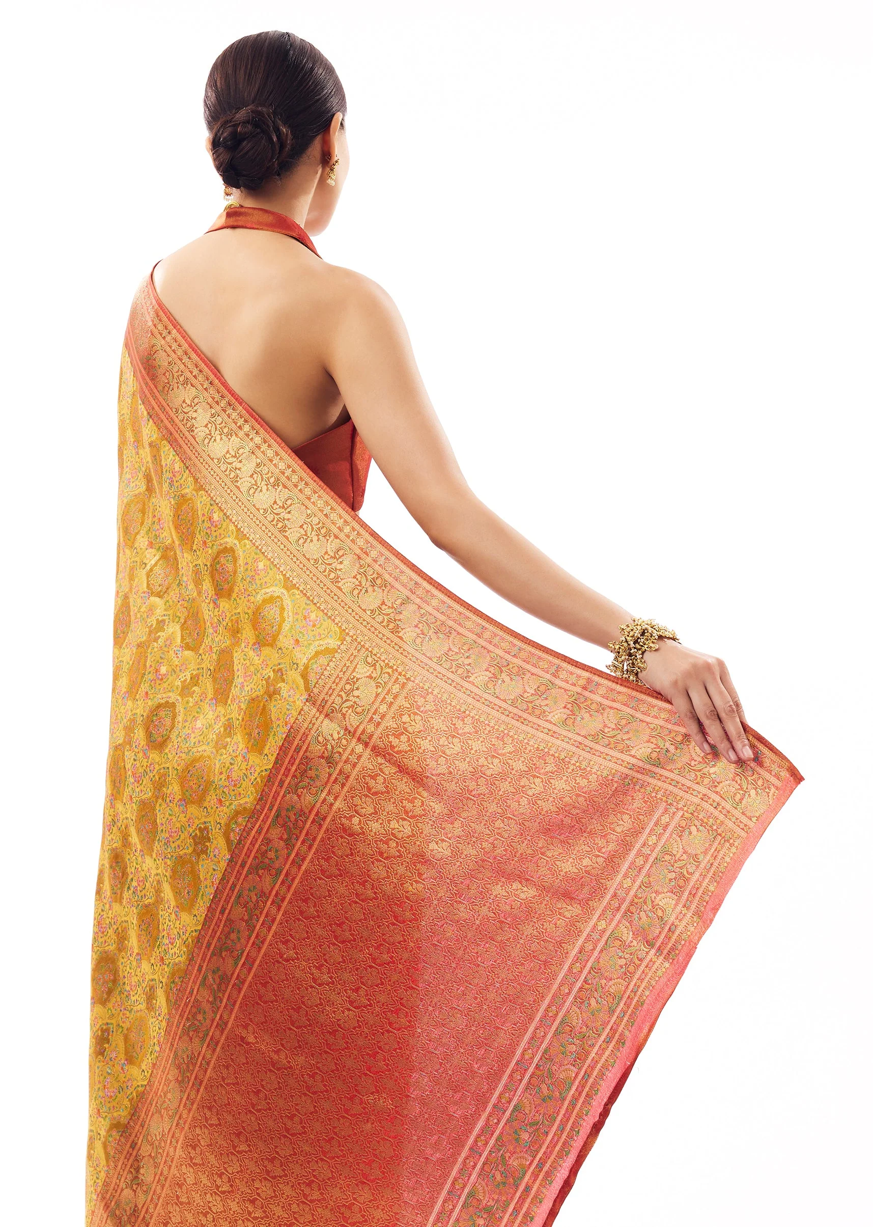 Mustard Yellow Satin Silk Woven Saree - Image 6