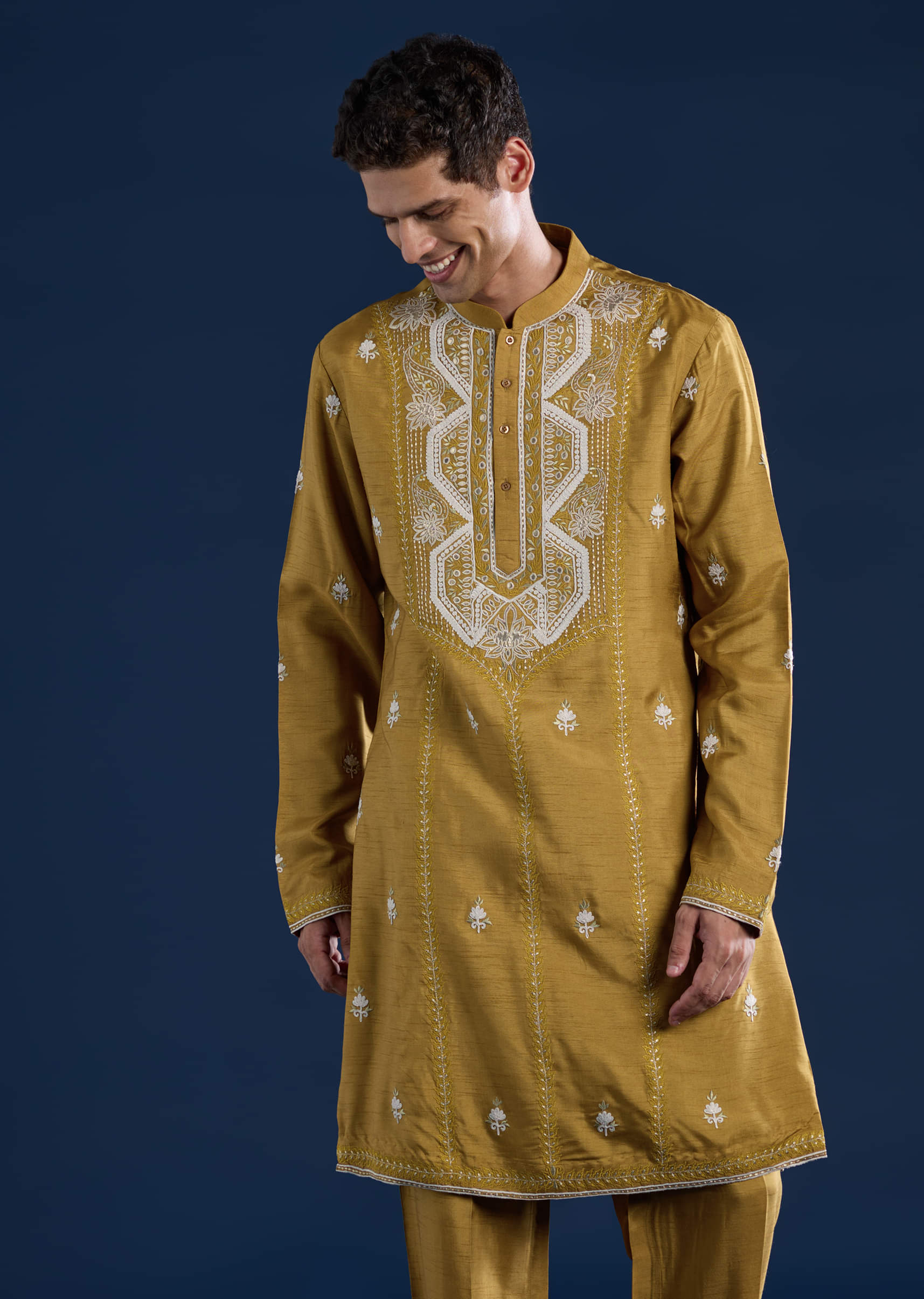 Mustard Yellow Silk Blend Embroidered Mens Kurta Set with Dupatta - Image 6