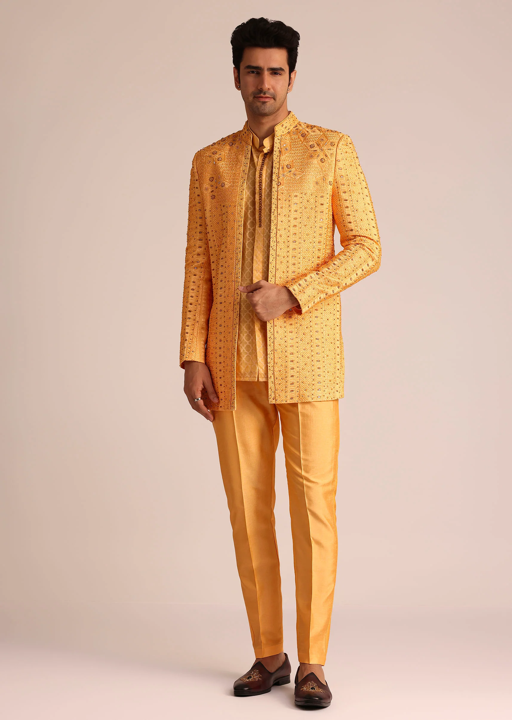 Mustard Yellow Silk Indo Western Set With Zardosi Work - Image 2