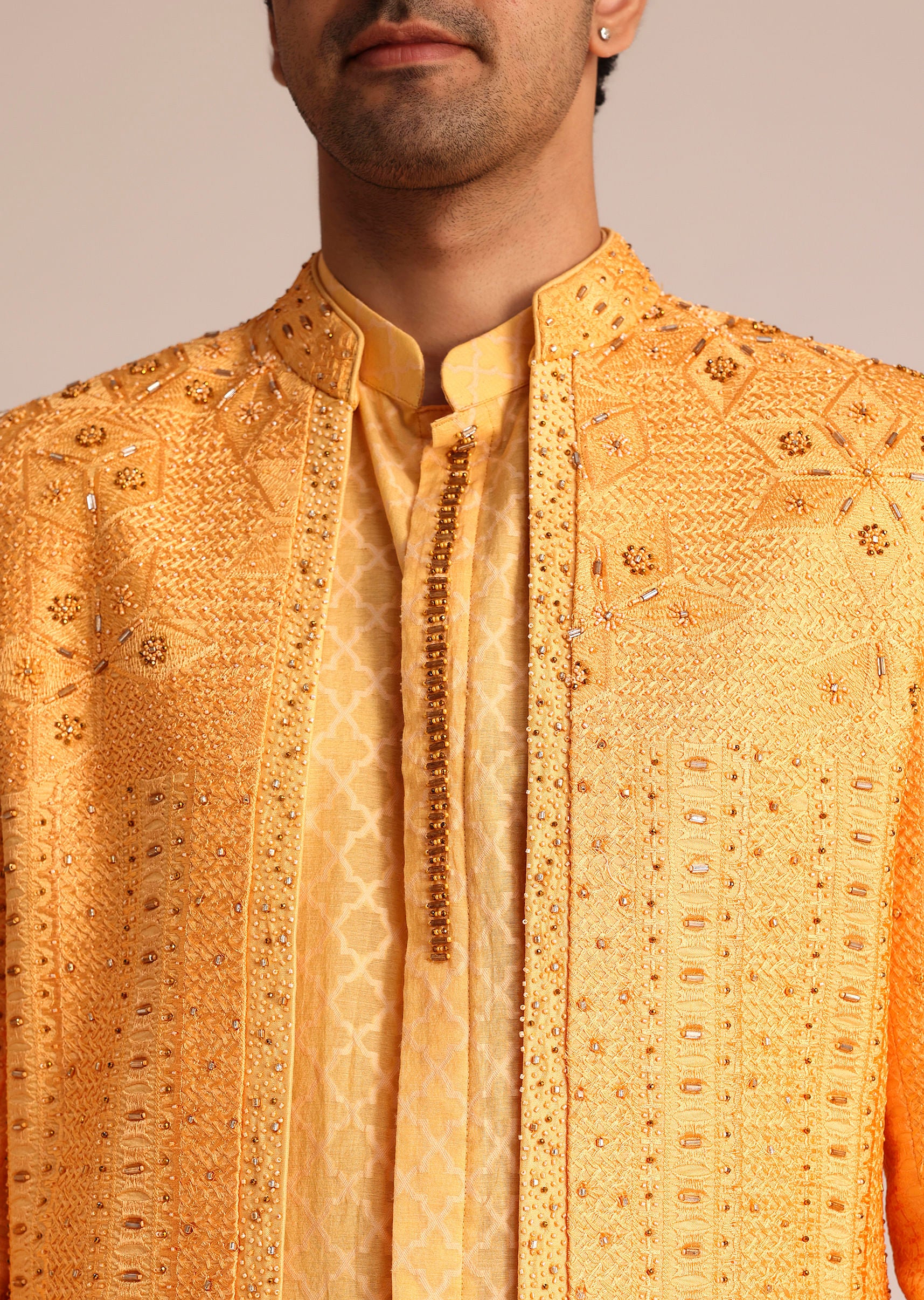 Mustard Yellow Silk Indo Western Set With Zardosi Work - Image 3