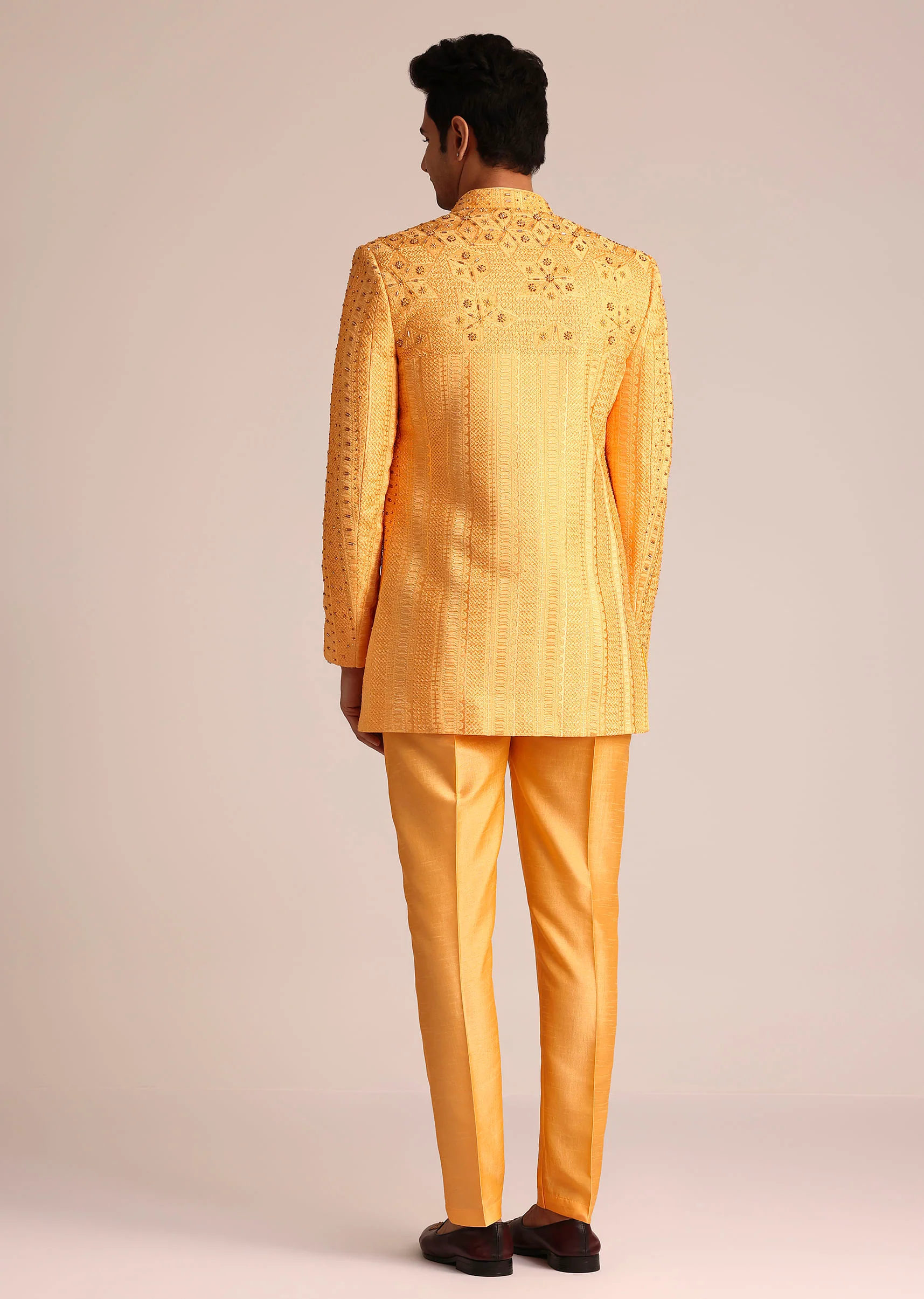 Mustard Yellow Silk Indo Western Set With Zardosi Work - Image 5