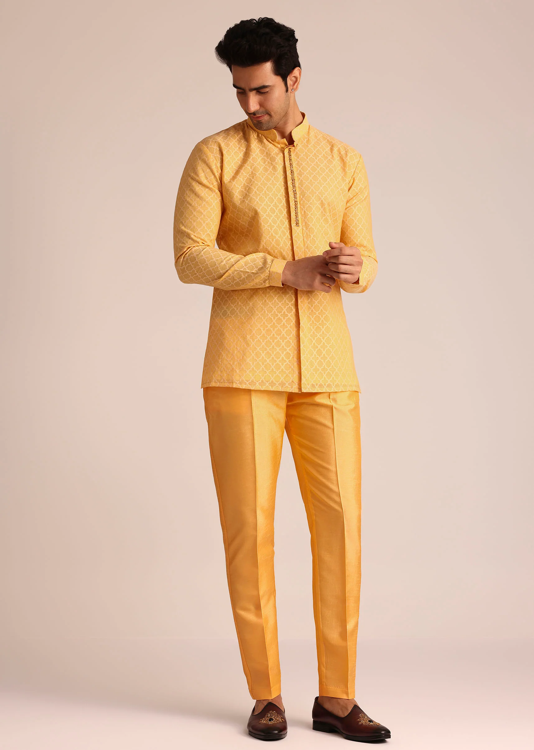 Mustard Yellow Silk Indo Western Set With Zardosi Work - Image 6