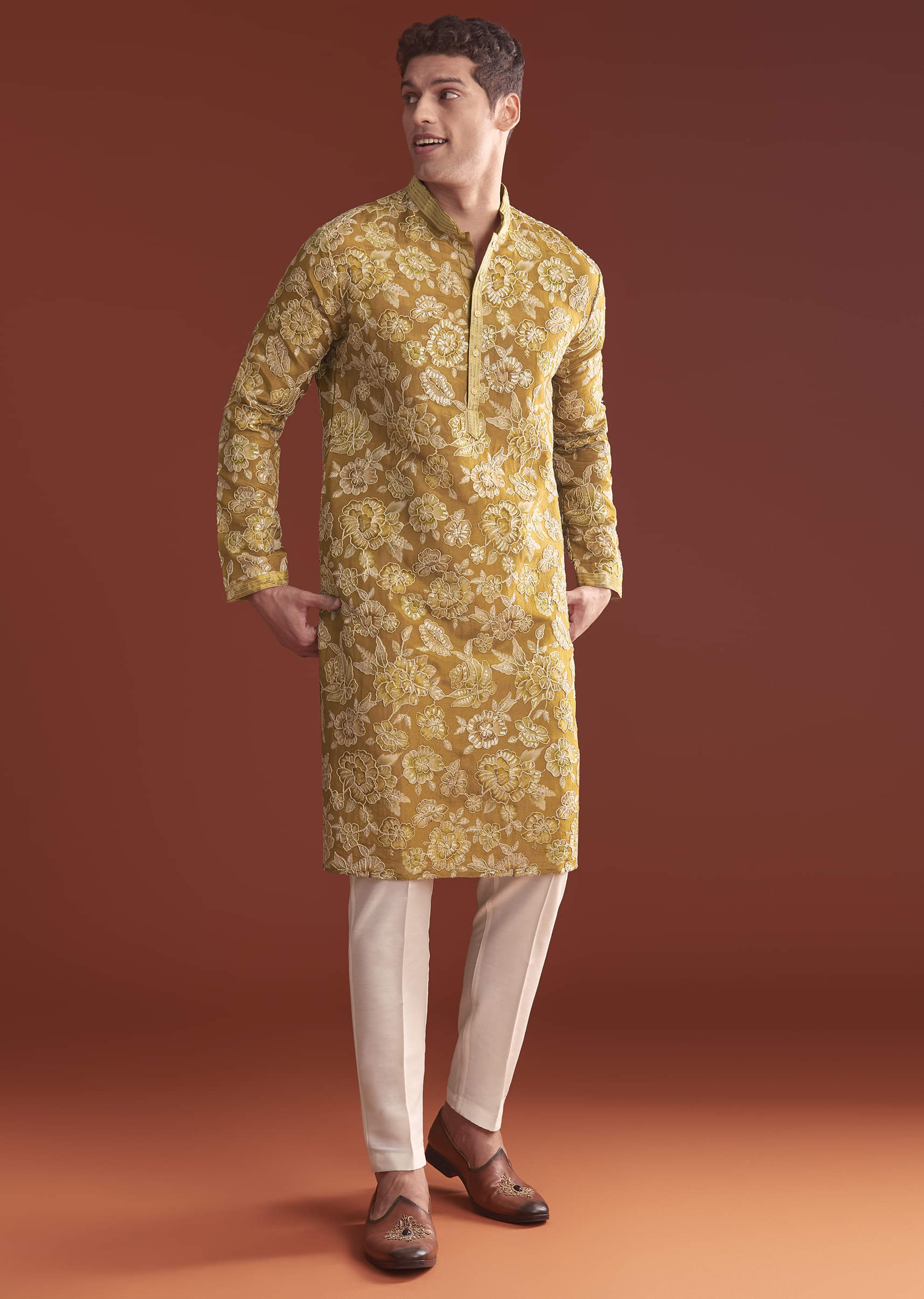 Mustard Yellow Silk Kurta Set For Men With Floral Resham Work - Image 3