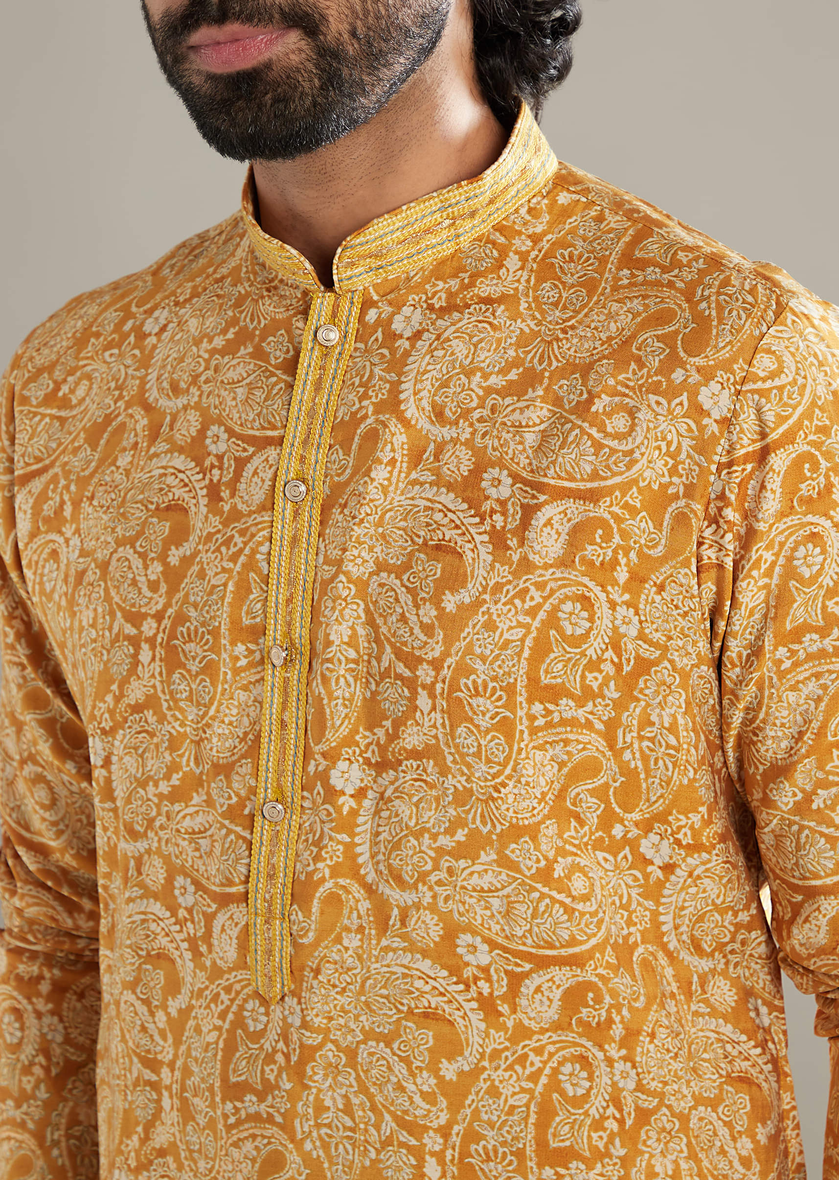 Mustard Yellow Silk Kurta Set For Men With Paisley Print - Image 2