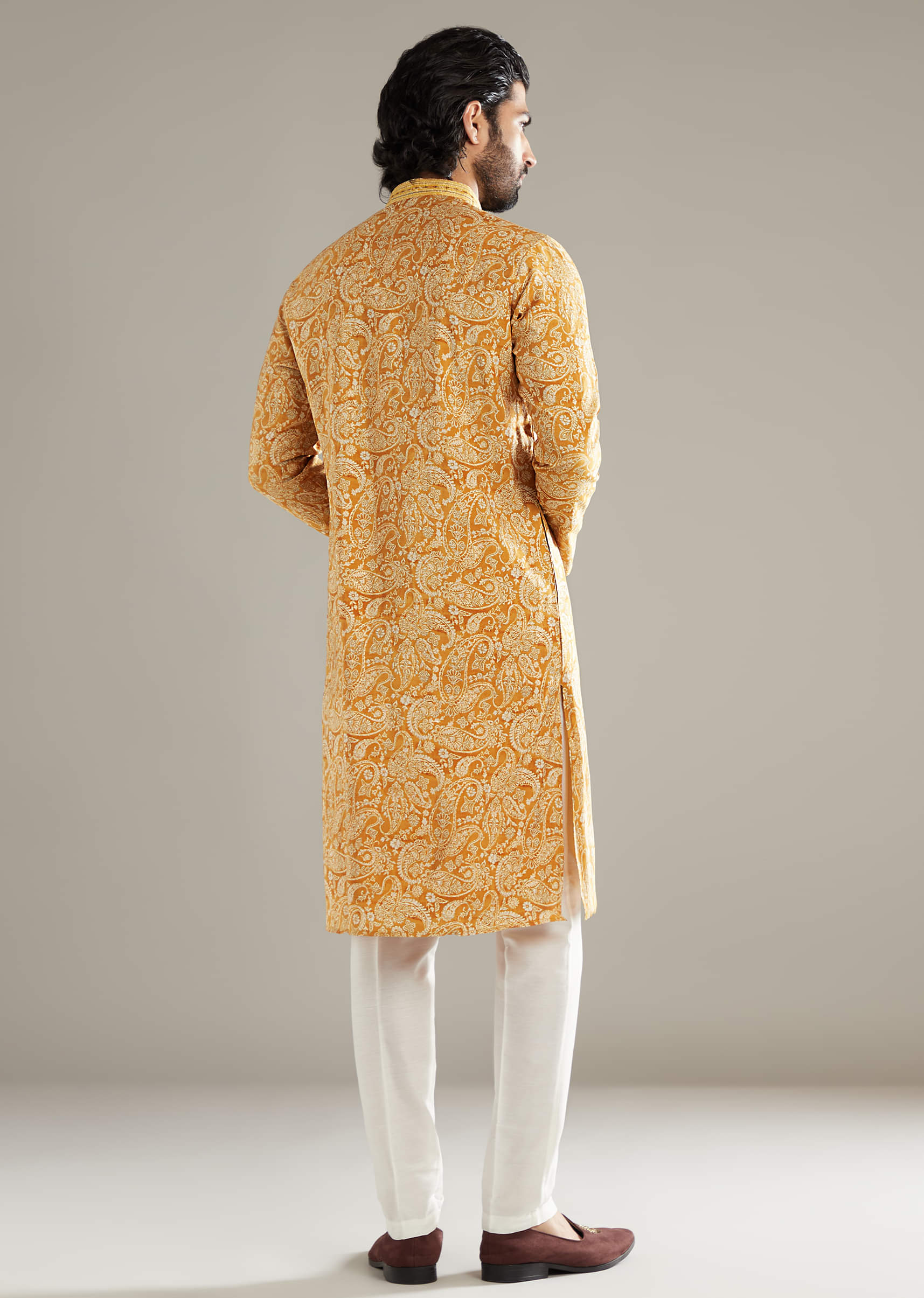 Mustard Yellow Silk Kurta Set For Men With Paisley Print - Image 3