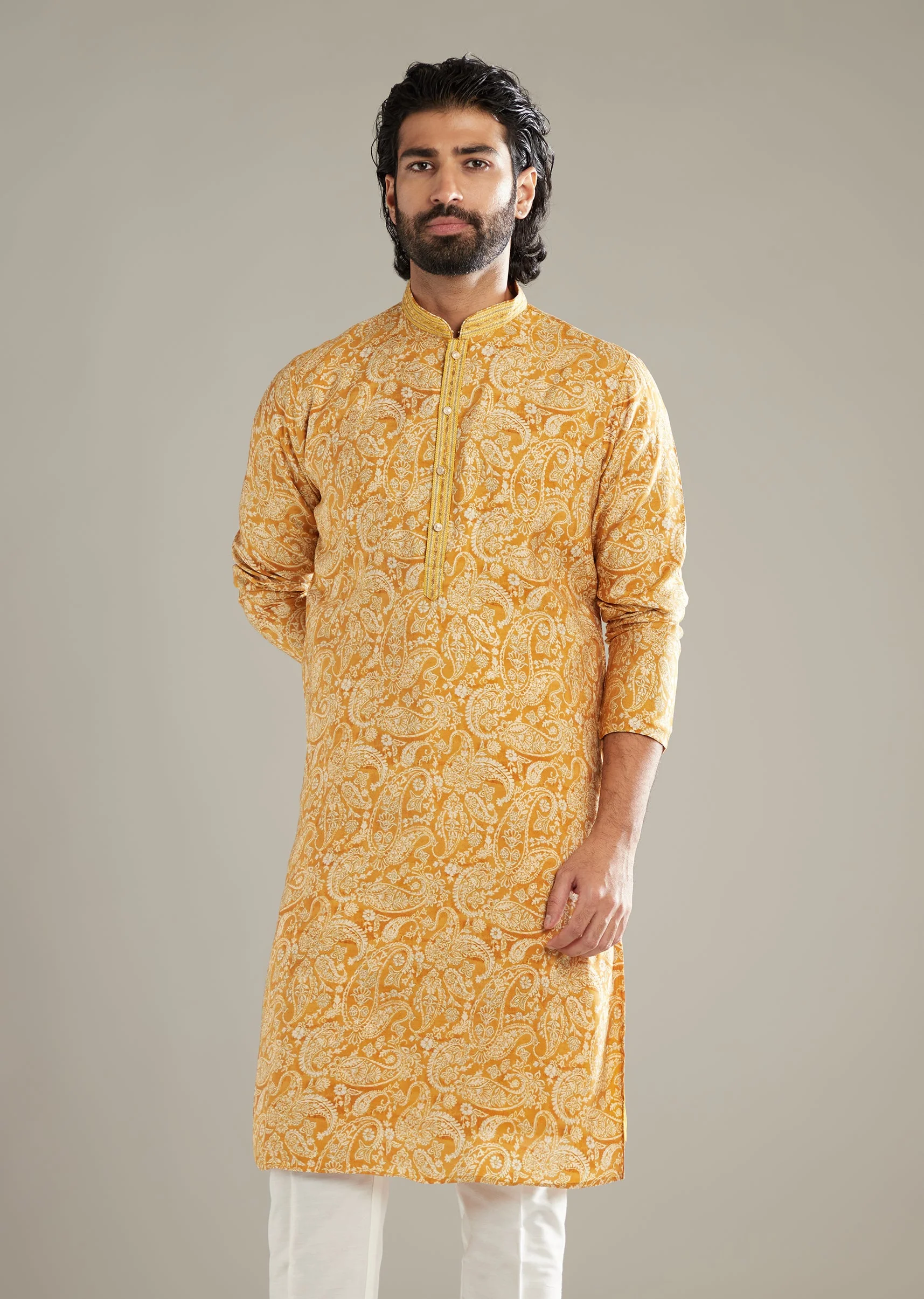 Mustard Yellow Silk Kurta Set For Men With Paisley Print - Image 4