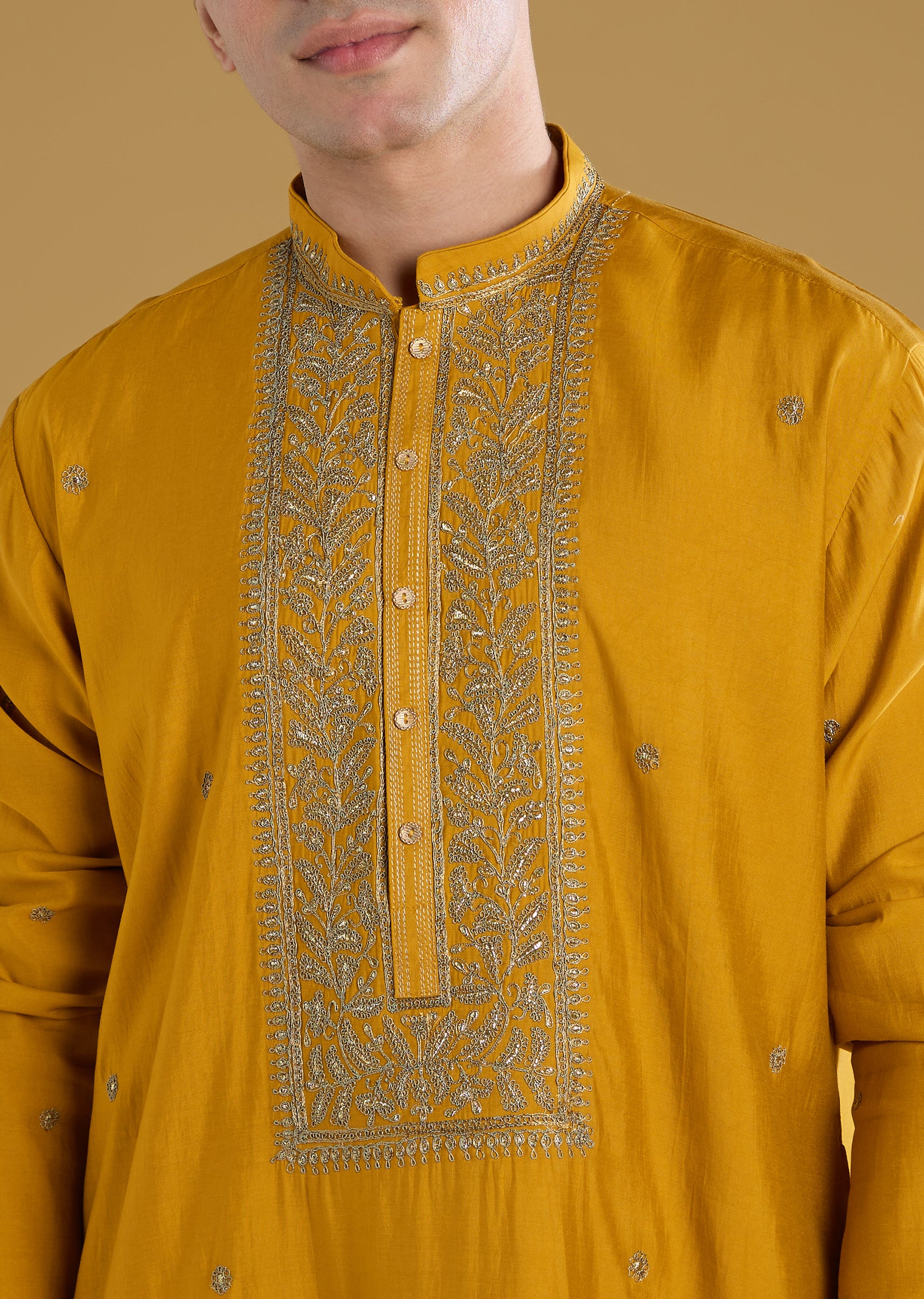 Mustard Yellow Silk Kurta Set With Thread Detail Work - Image 2