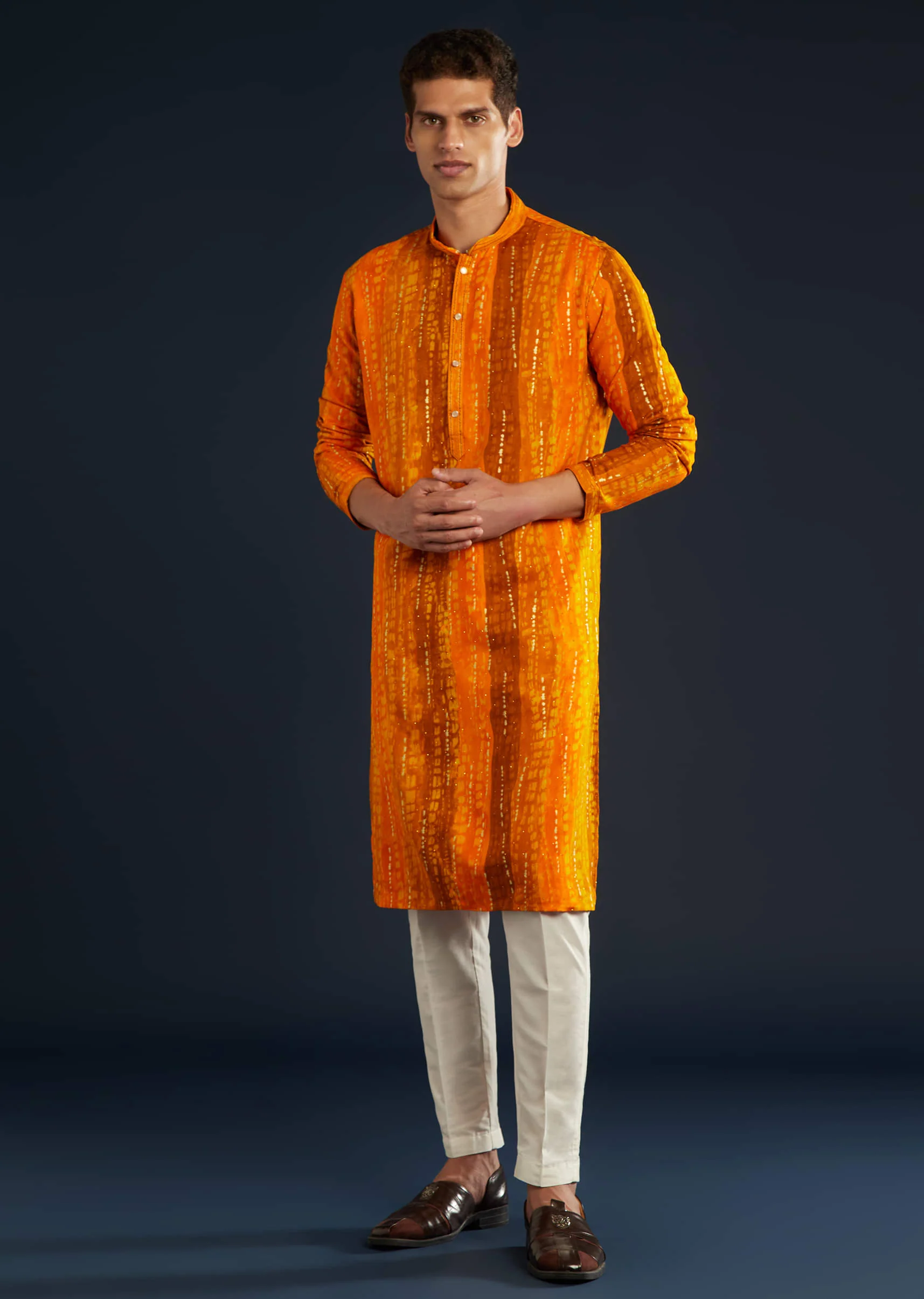 Mustard Yellow Silk Mens Kurta Set with Resham Work - Image 2