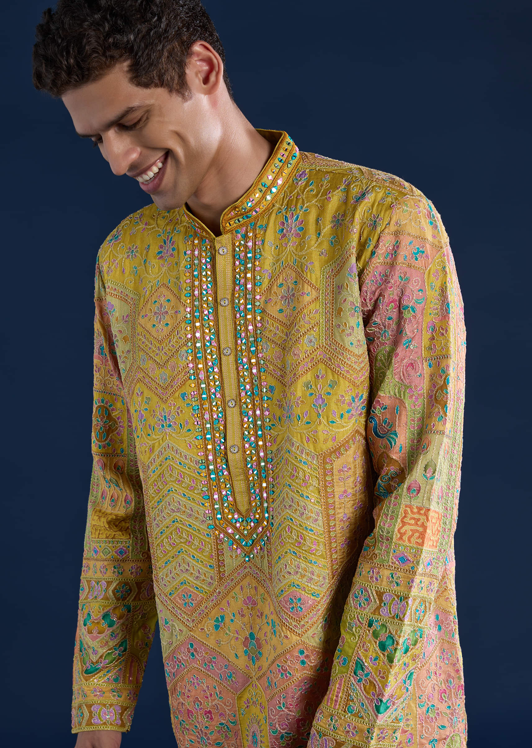 Mustard Yellow Silk Mirror Work Mens Kurta and Pant Set - Image 2