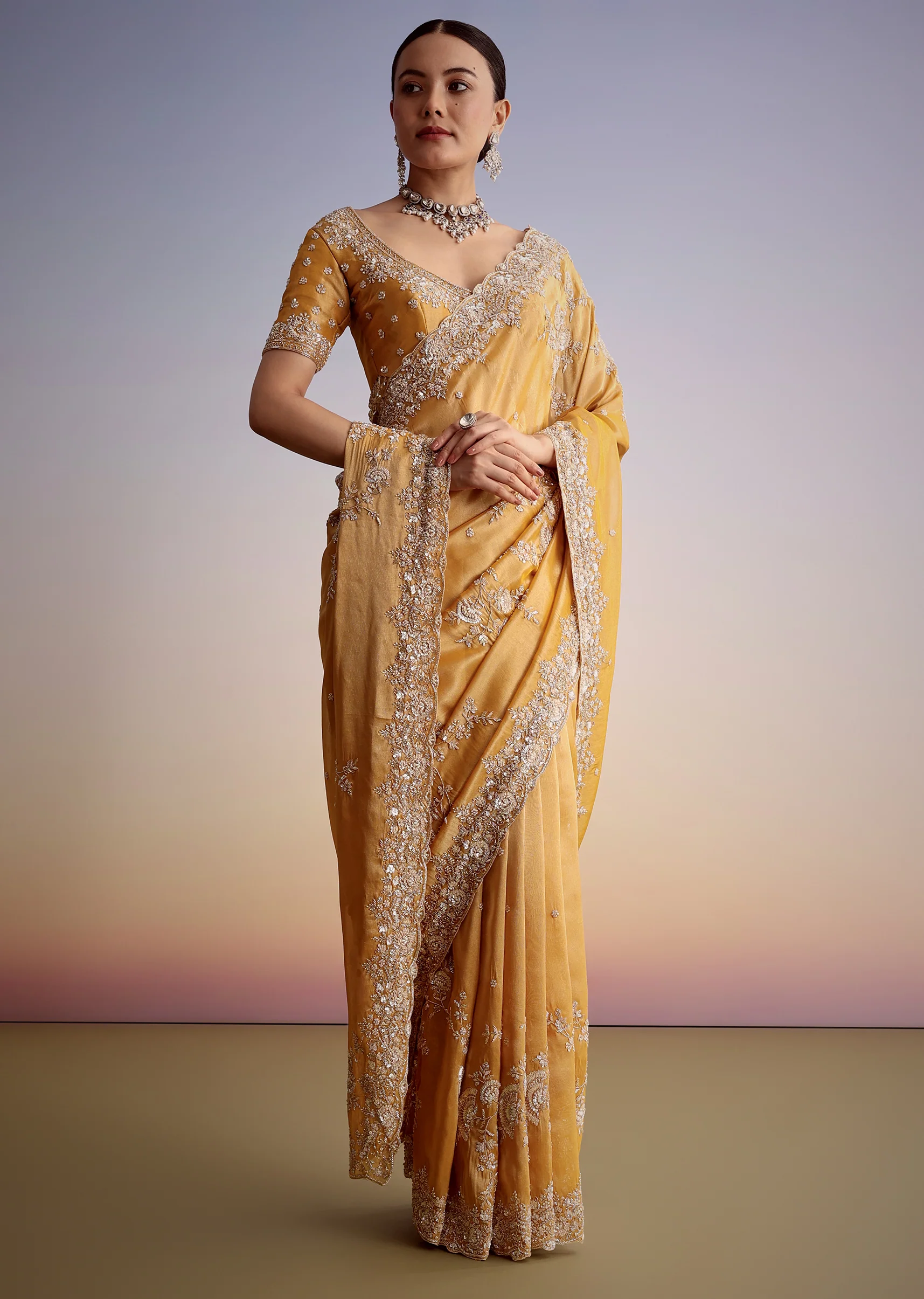 Mustard Yellow Silk Saree With Heavily Embroidered Pallu And Border - Image 10