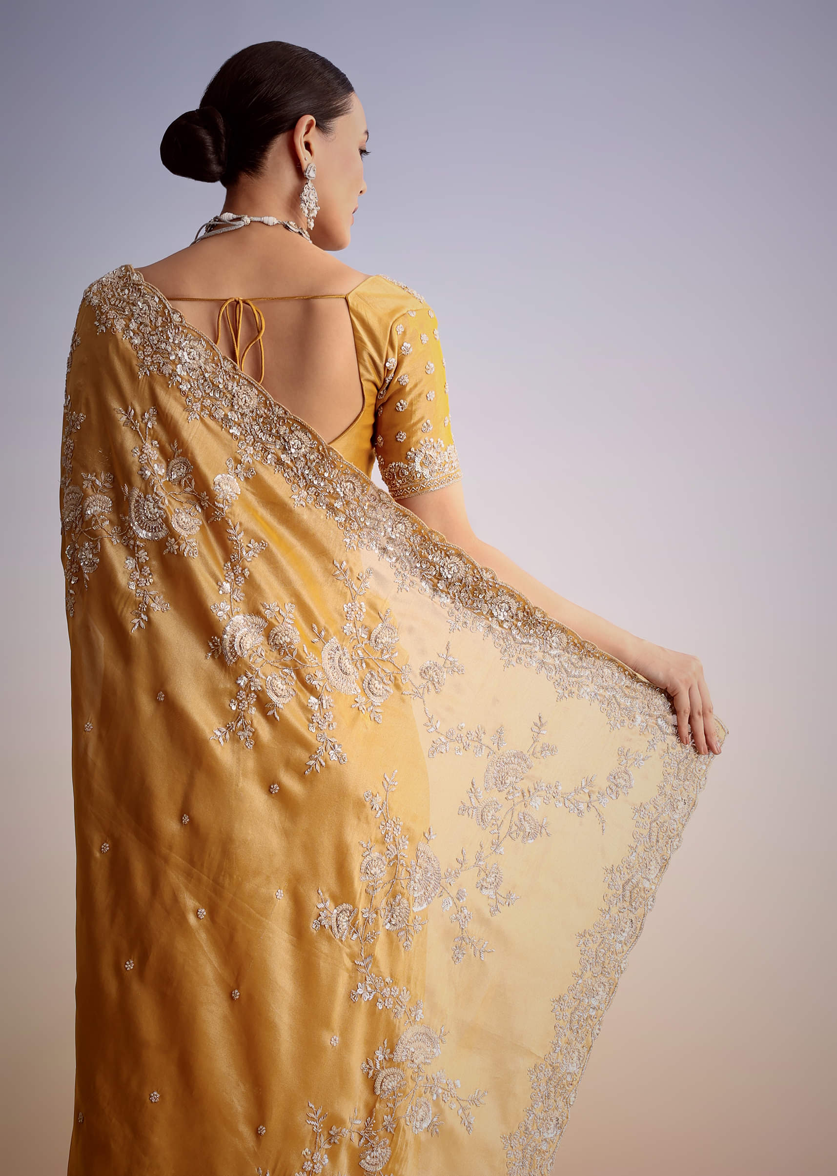Mustard Yellow Silk Saree With Heavily Embroidered Pallu And Border - Image 4