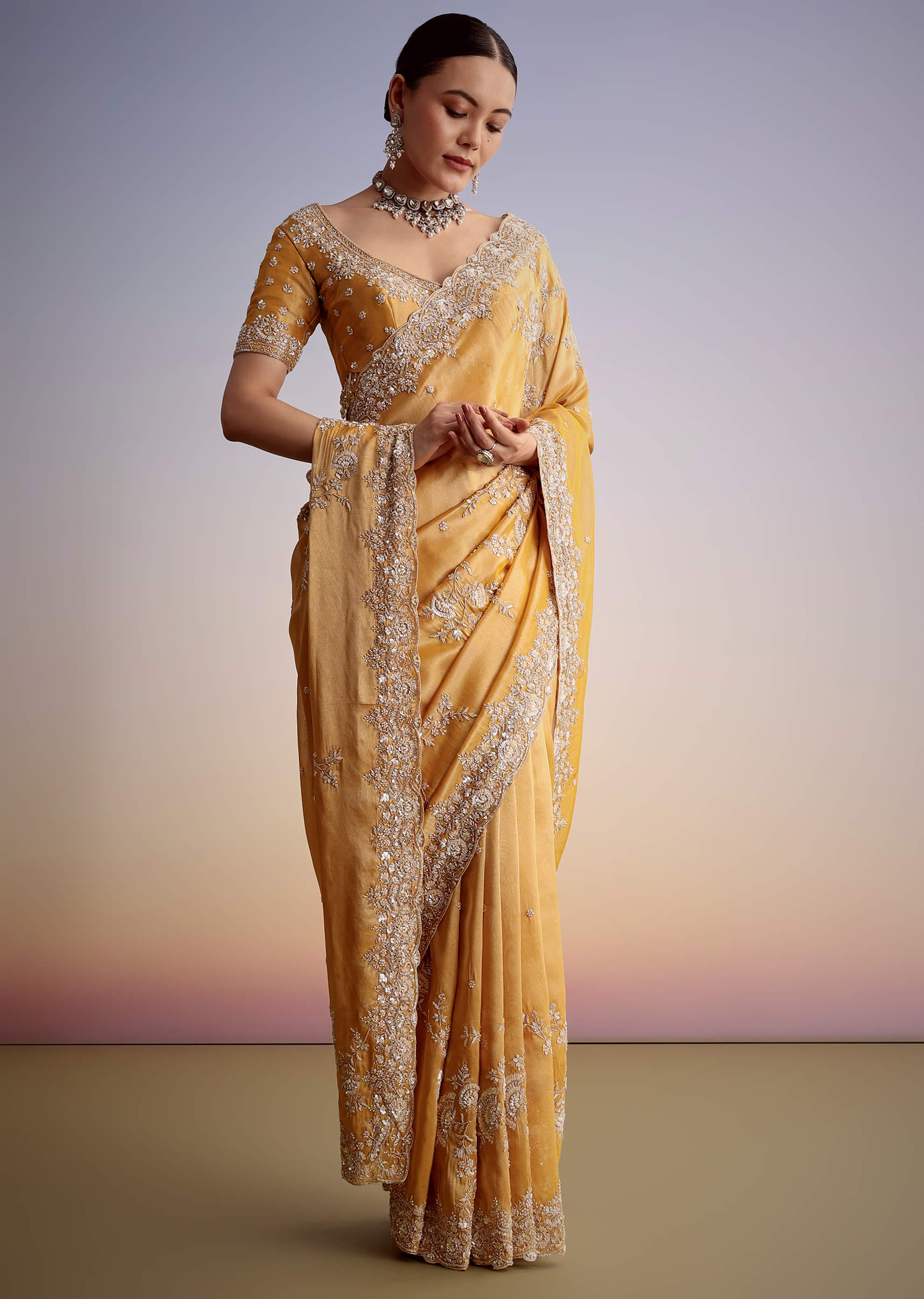 Mustard Yellow Silk Saree With Heavily Embroidered Pallu And Border - Image 5
