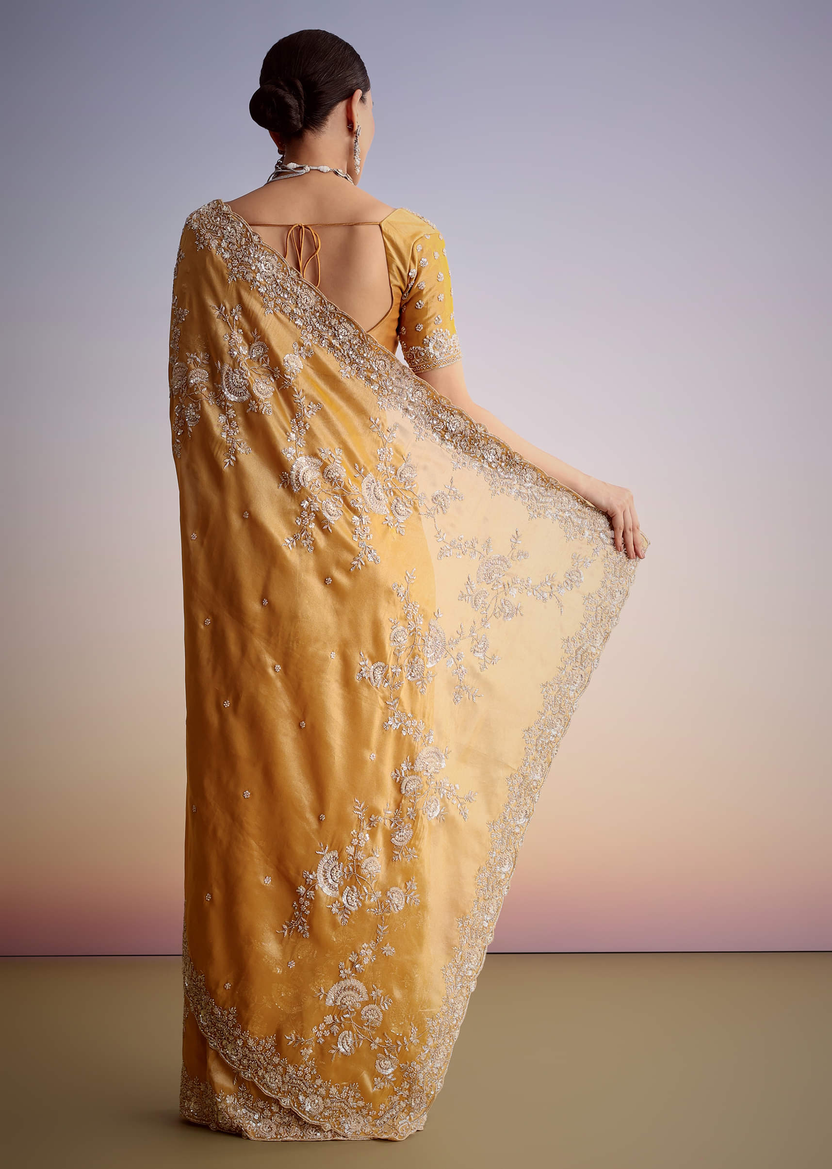 Mustard Yellow Silk Saree With Heavily Embroidered Pallu And Border - Image 6