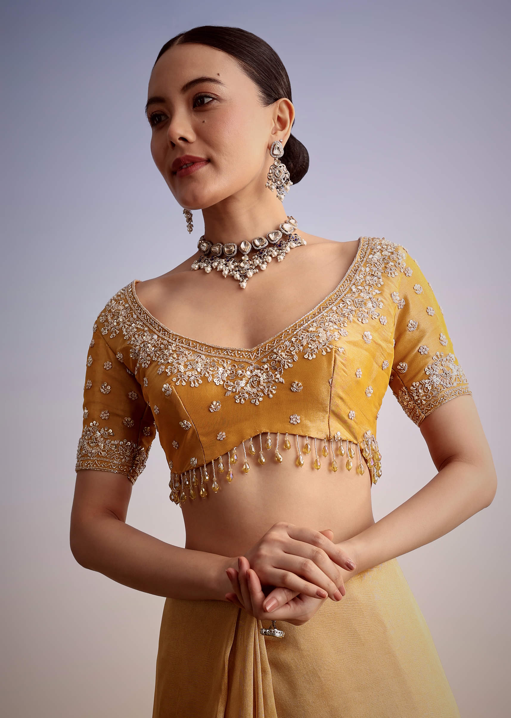 Mustard Yellow Silk Saree With Heavily Embroidered Pallu And Border - Image 7