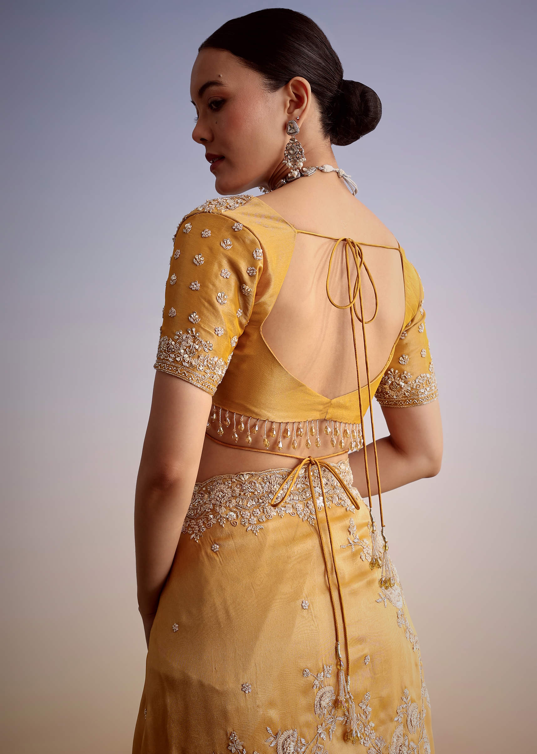 Mustard Yellow Silk Saree With Heavily Embroidered Pallu And Border - Image 8