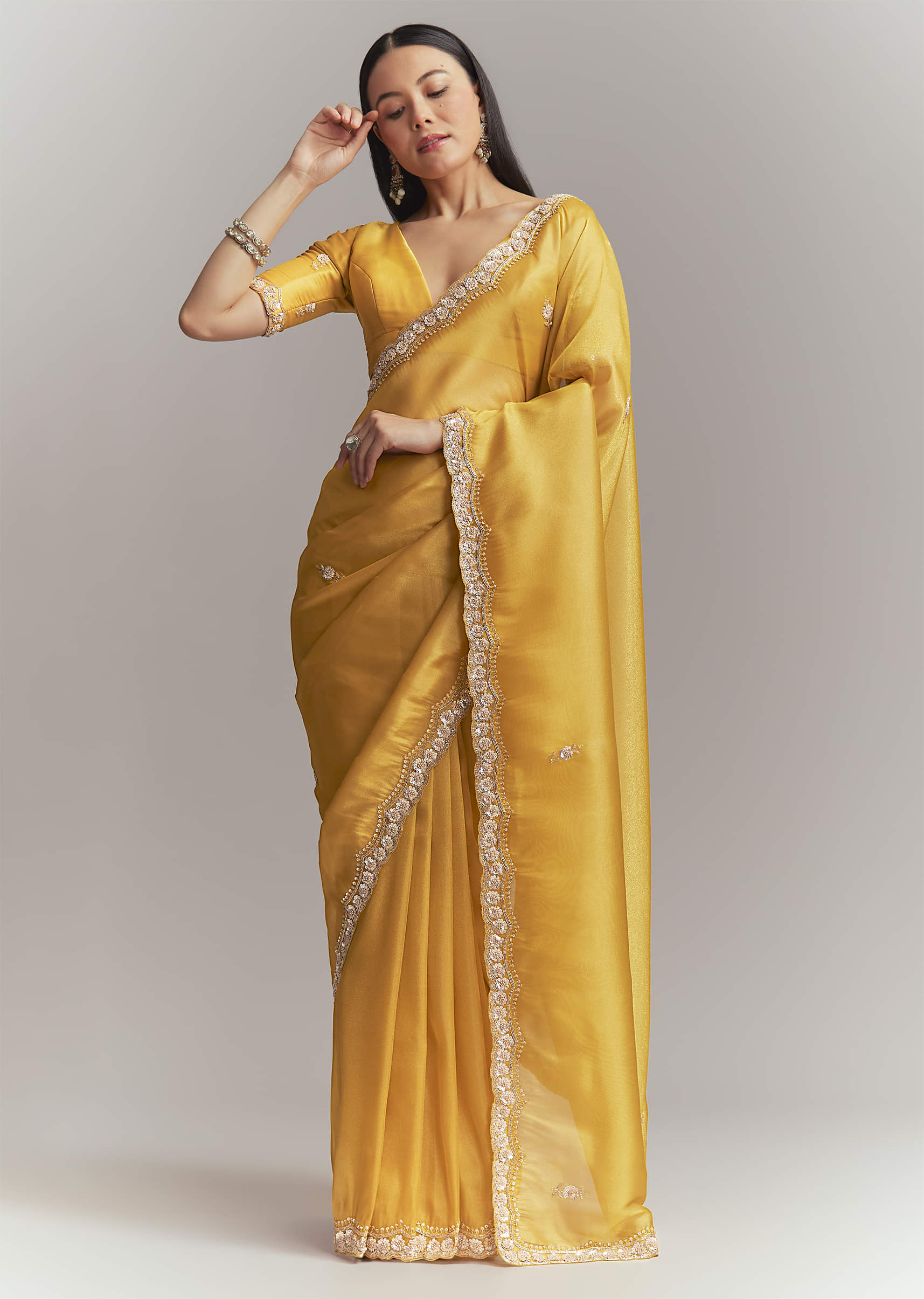 Mustard Yellow Tissue Embroidered Saree With Heavy Hand Embroidery - Image 3