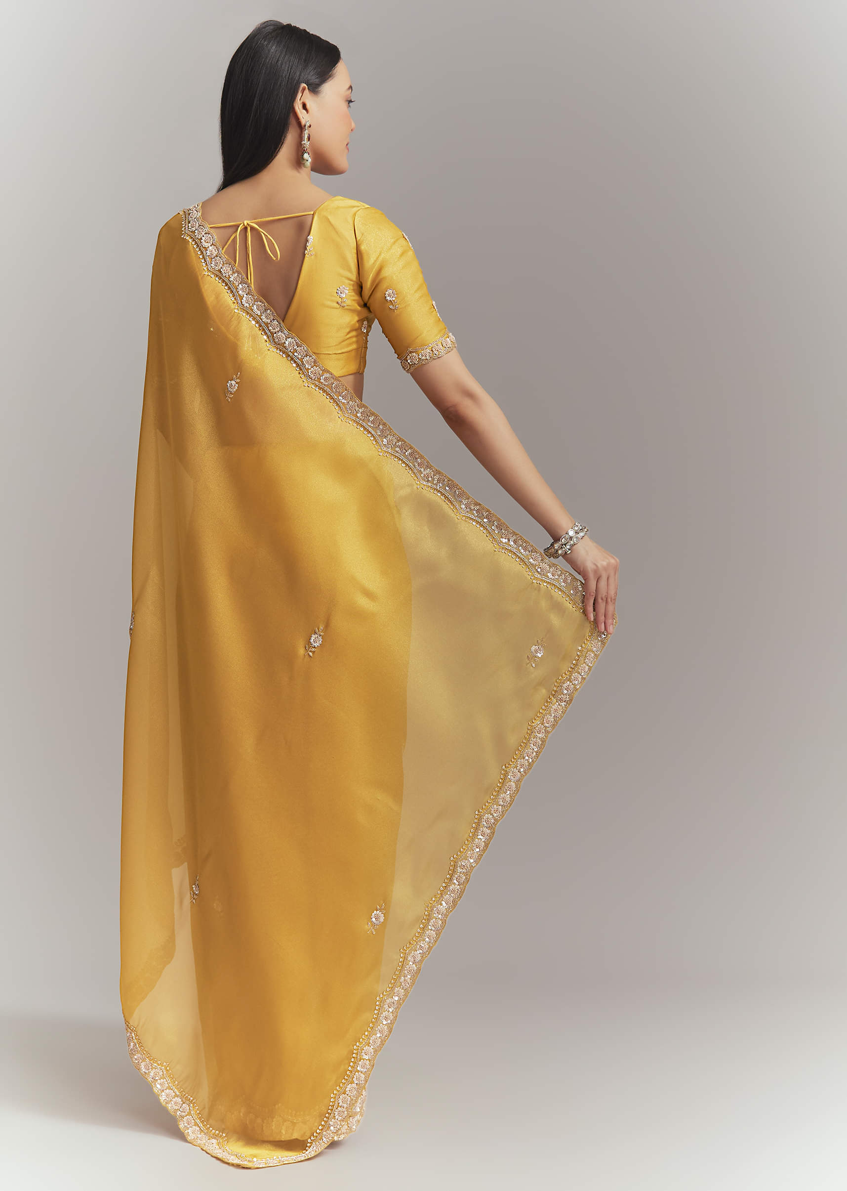 Mustard Yellow Tissue Embroidered Saree With Heavy Hand Embroidery - Image 4