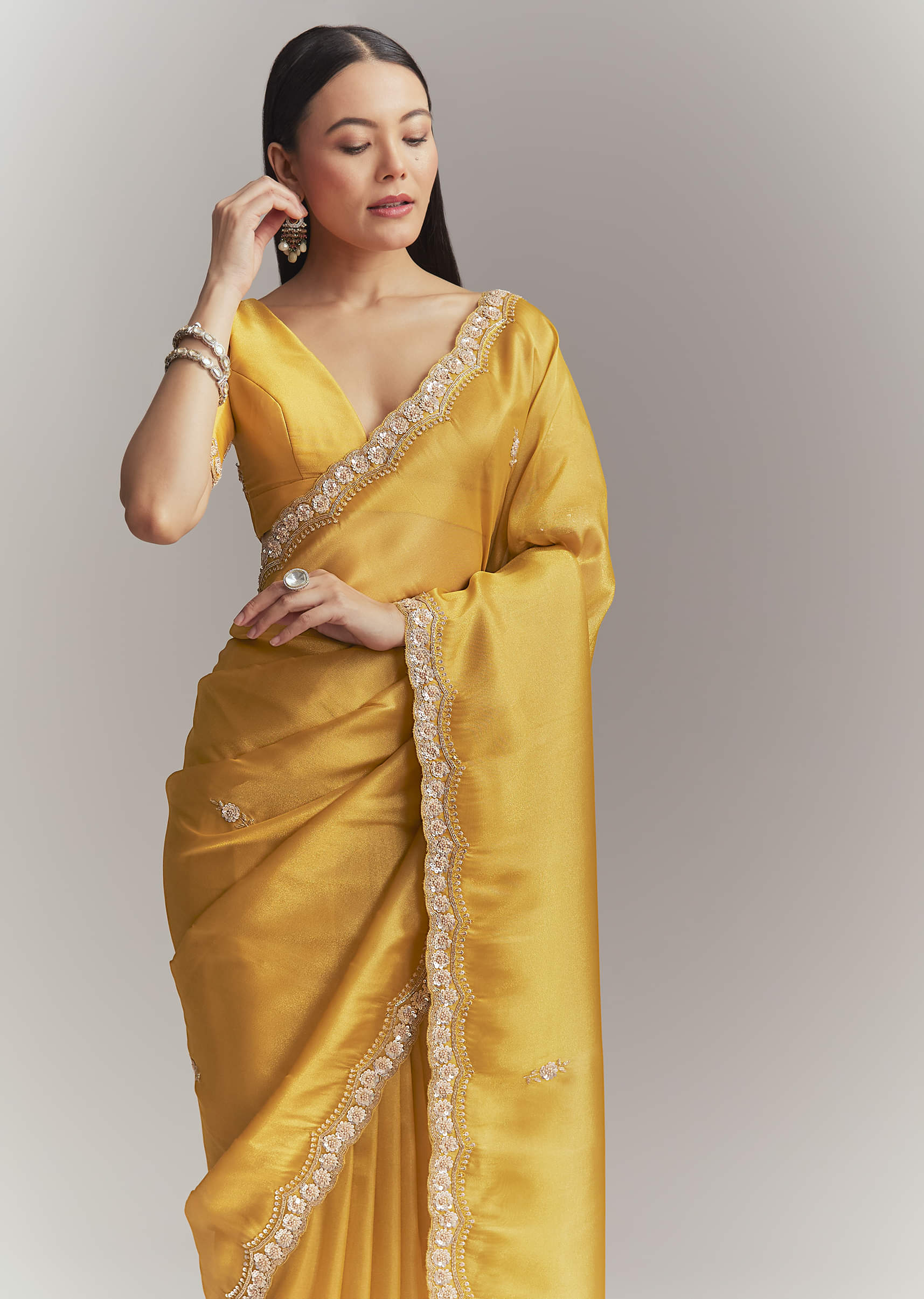 Mustard Yellow Tissue Embroidered Saree With Heavy Hand Embroidery - Image 5