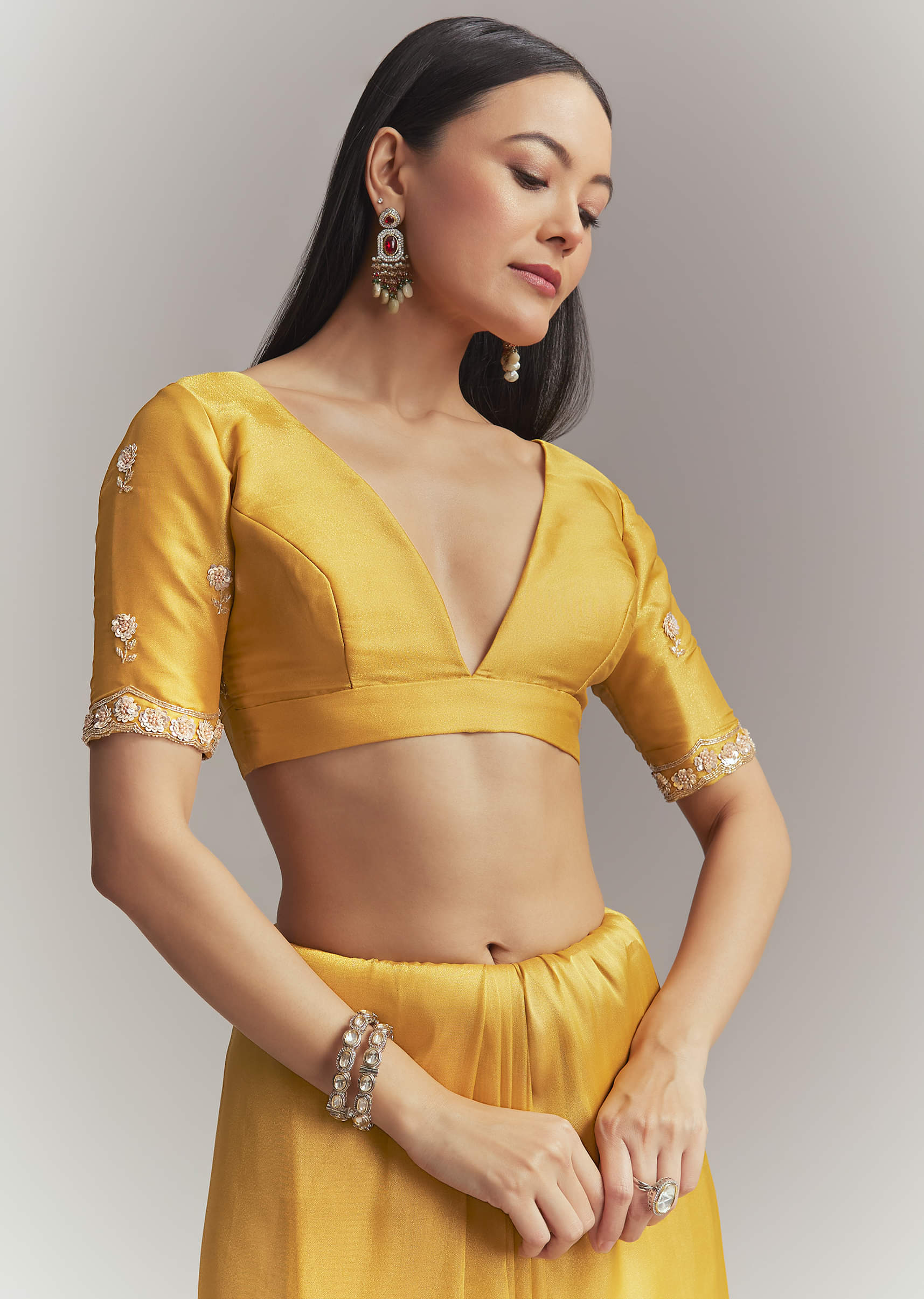 Mustard Yellow Tissue Embroidered Saree With Heavy Hand Embroidery - Image 7