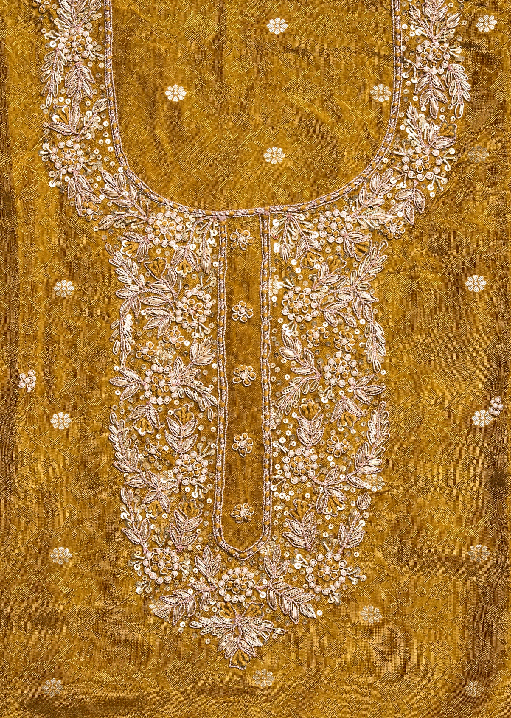 Mustard Yellow Tissue Embroidered Unstitched Suit Set - Image 2