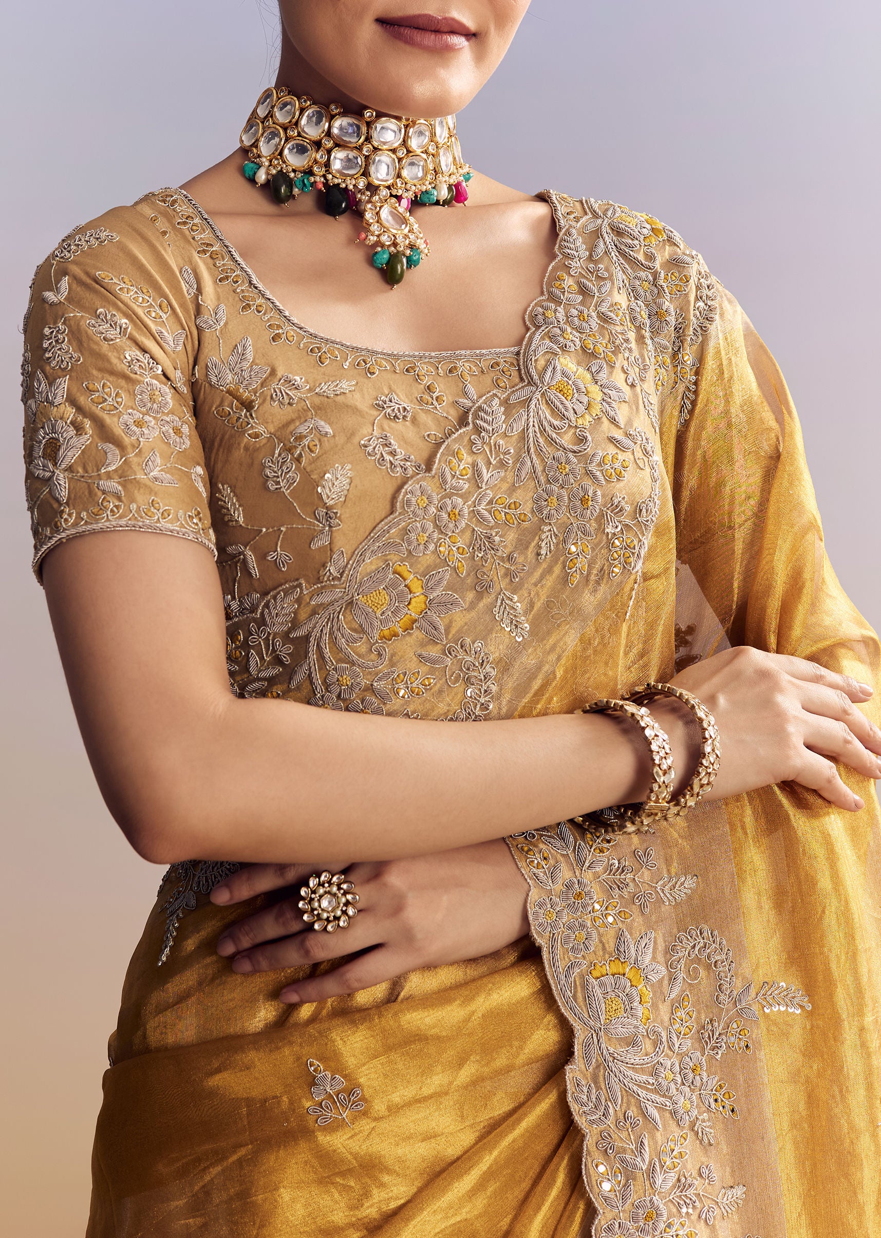Mustard Yellow Tissue Saree With Golden Zardosi Embroidery - Image 2