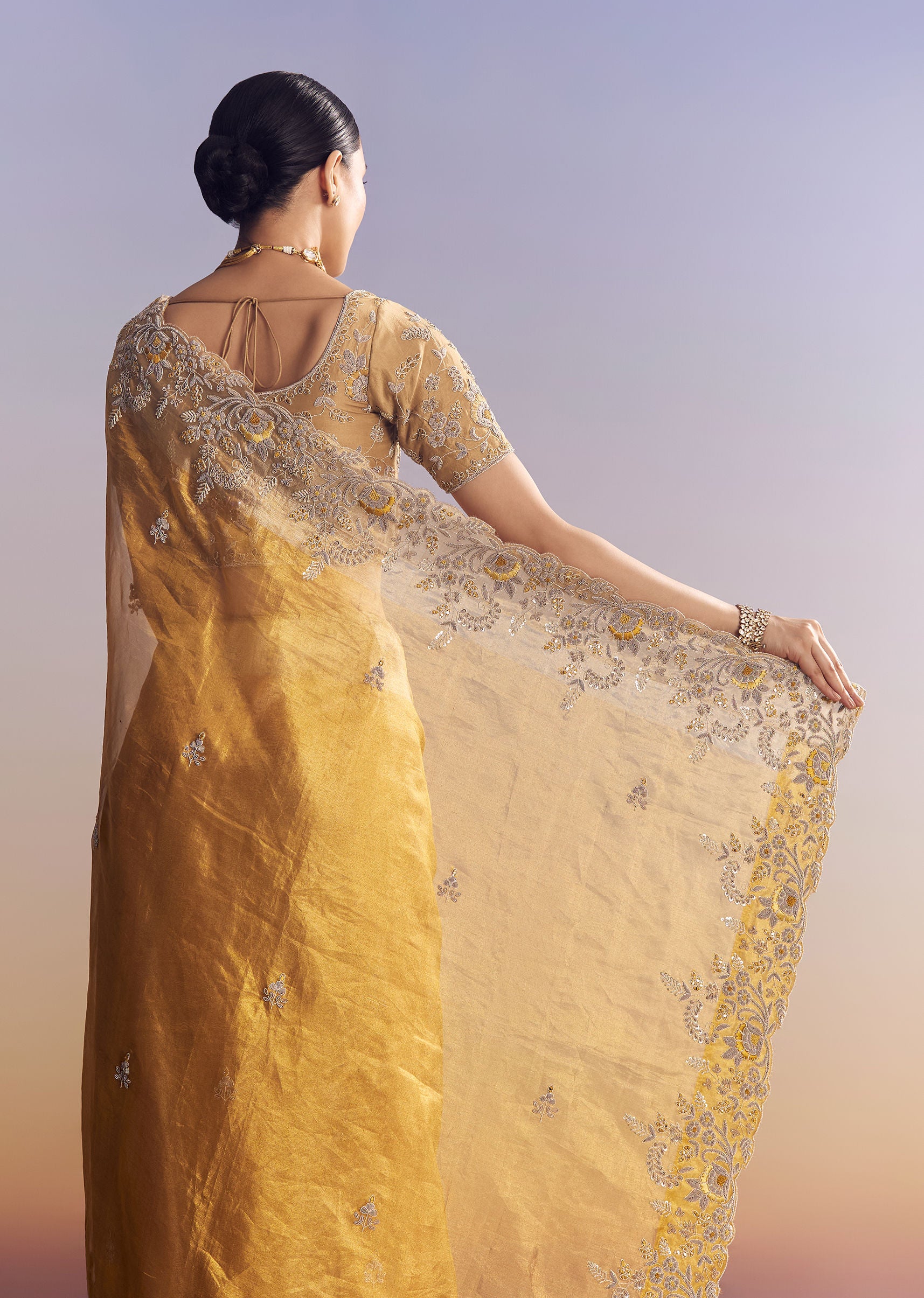 Mustard Yellow Tissue Saree With Golden Zardosi Embroidery - Image 4