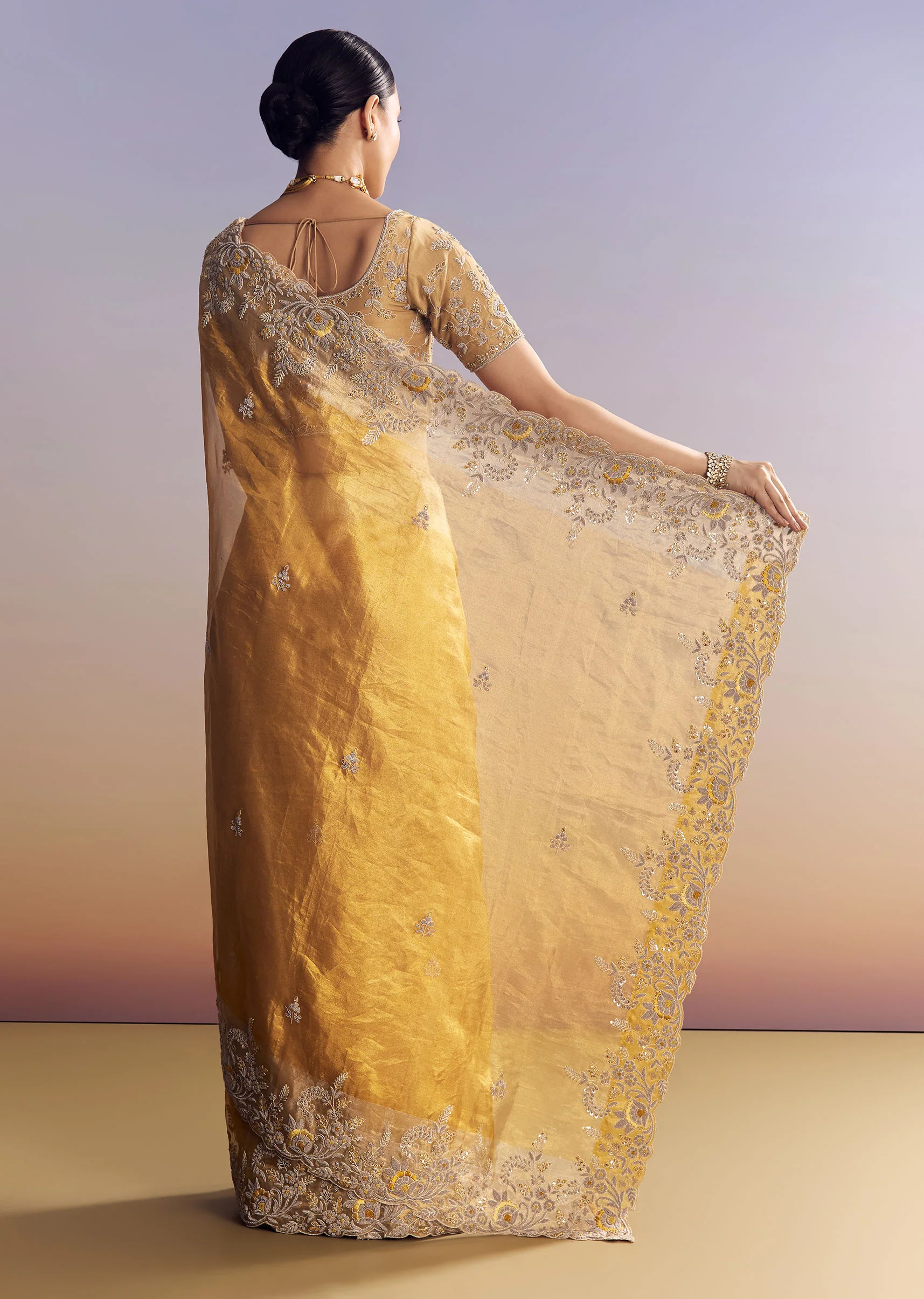 Mustard Yellow Tissue Saree With Golden Zardosi Embroidery - Image 6