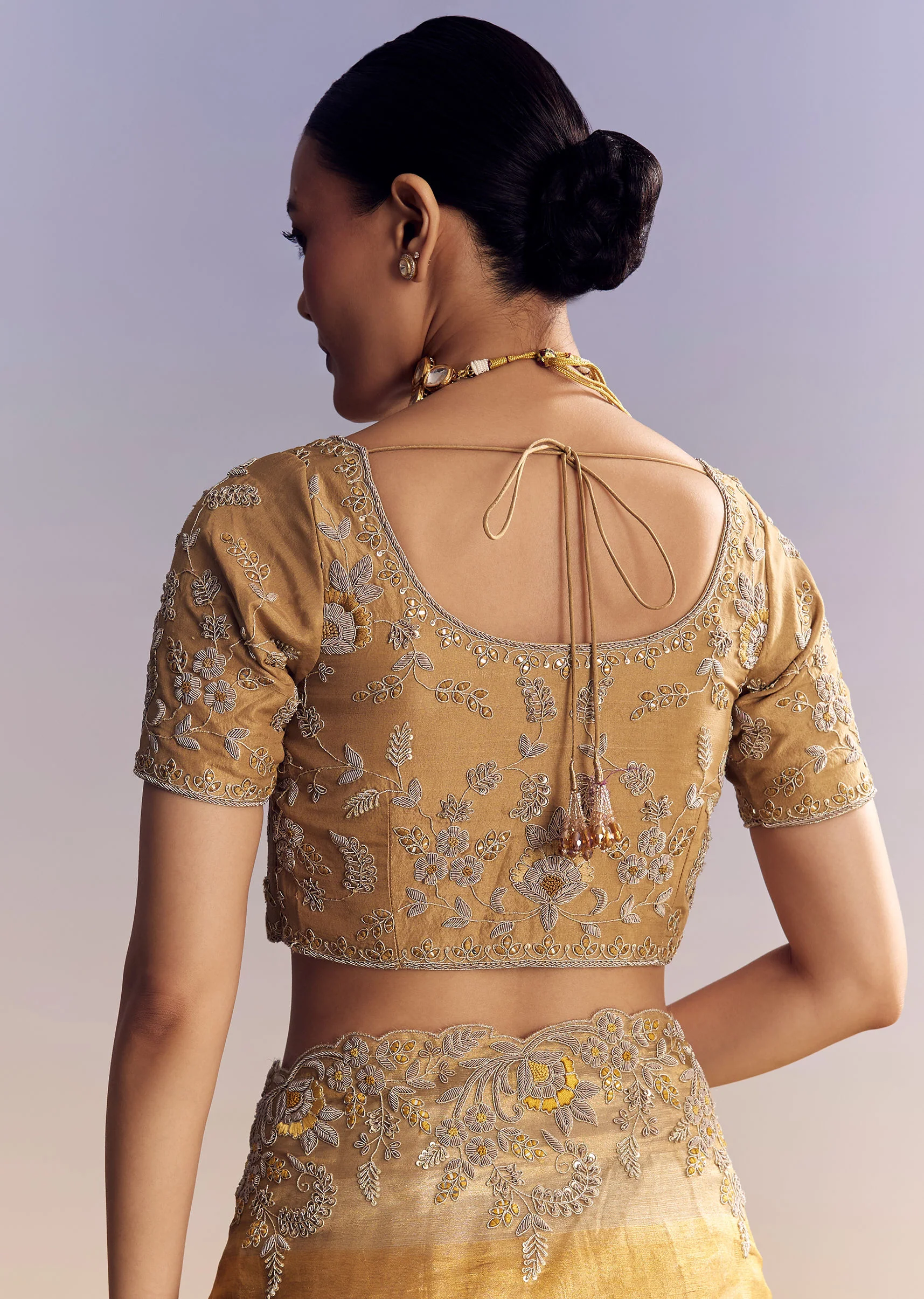Mustard Yellow Tissue Saree With Golden Zardosi Embroidery - Image 8