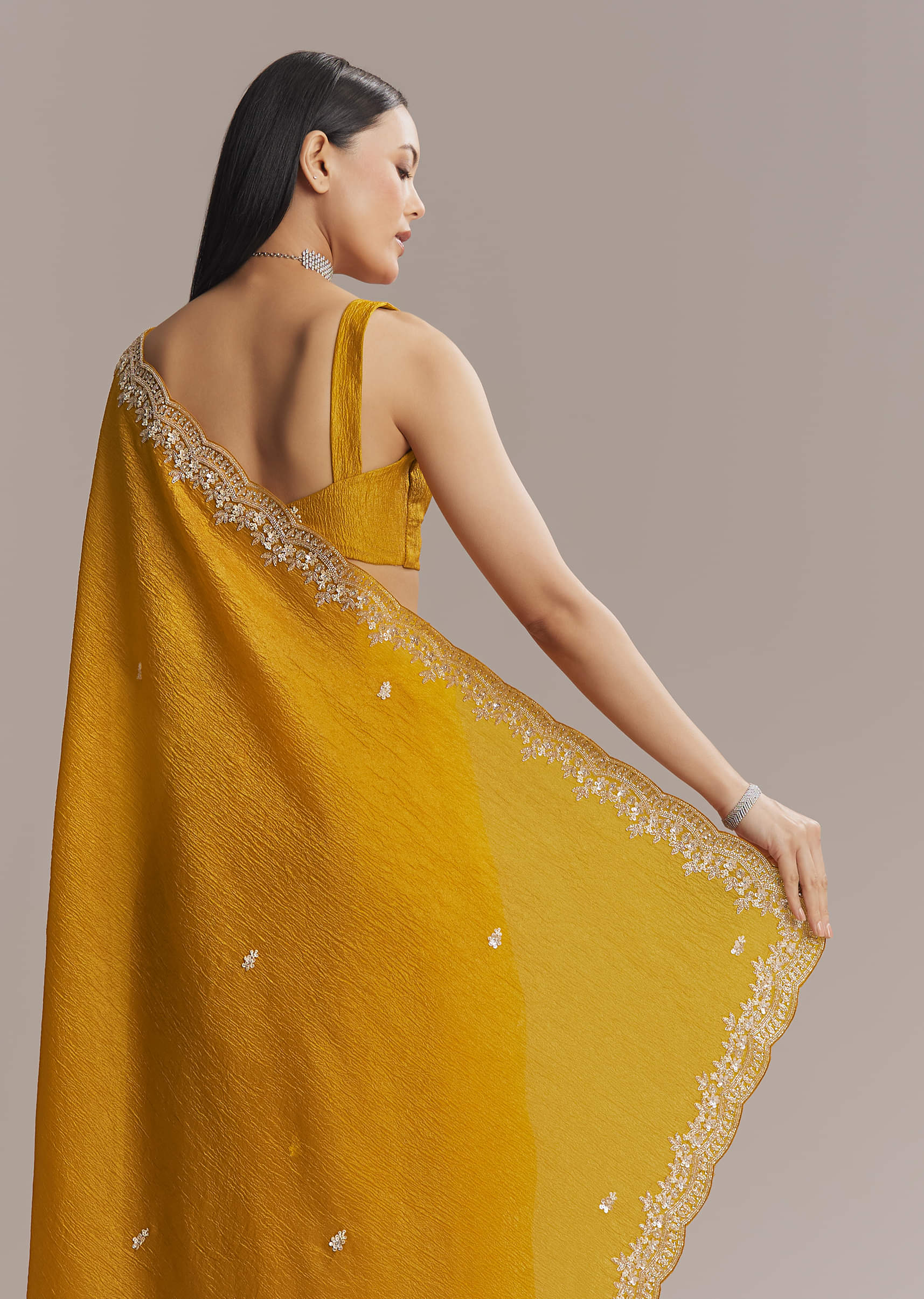 Mustard Yellow Tissue Saree With Scallop Border Embroidery - Image 5