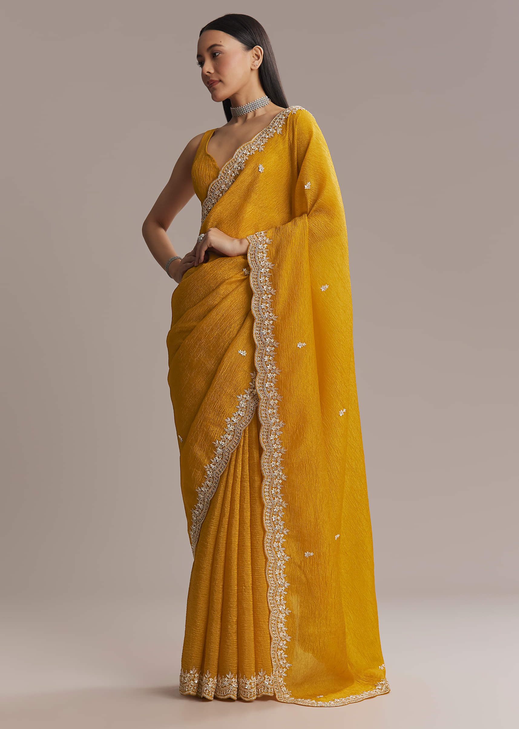 Mustard Yellow Tissue Saree With Scallop Border Embroidery - Image 9