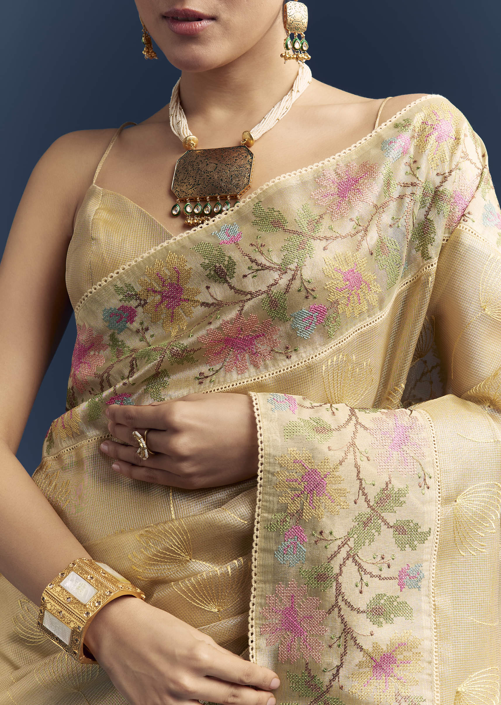Mustard Yellow Tissue Silk Saree With Floral Resham Embroidery - Image 2