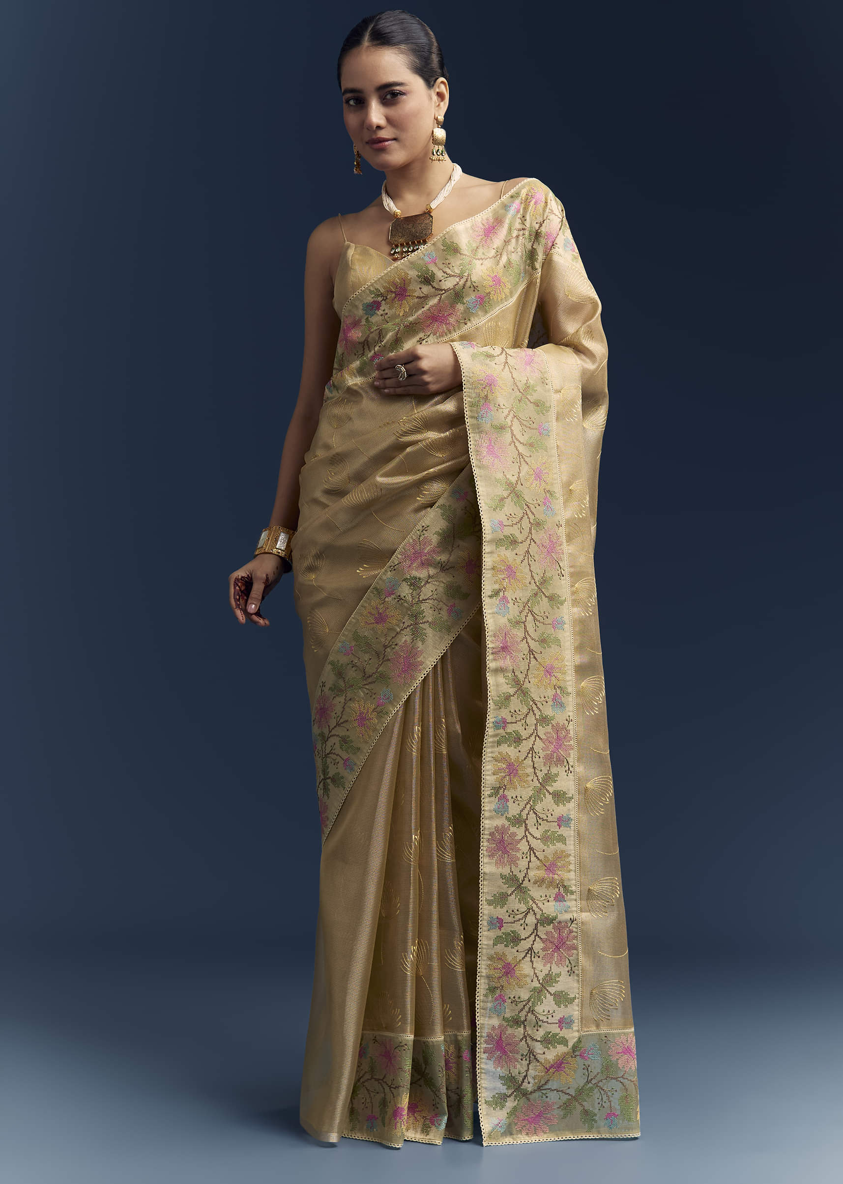 Mustard Yellow Tissue Silk Saree With Floral Resham Embroidery - Image 3