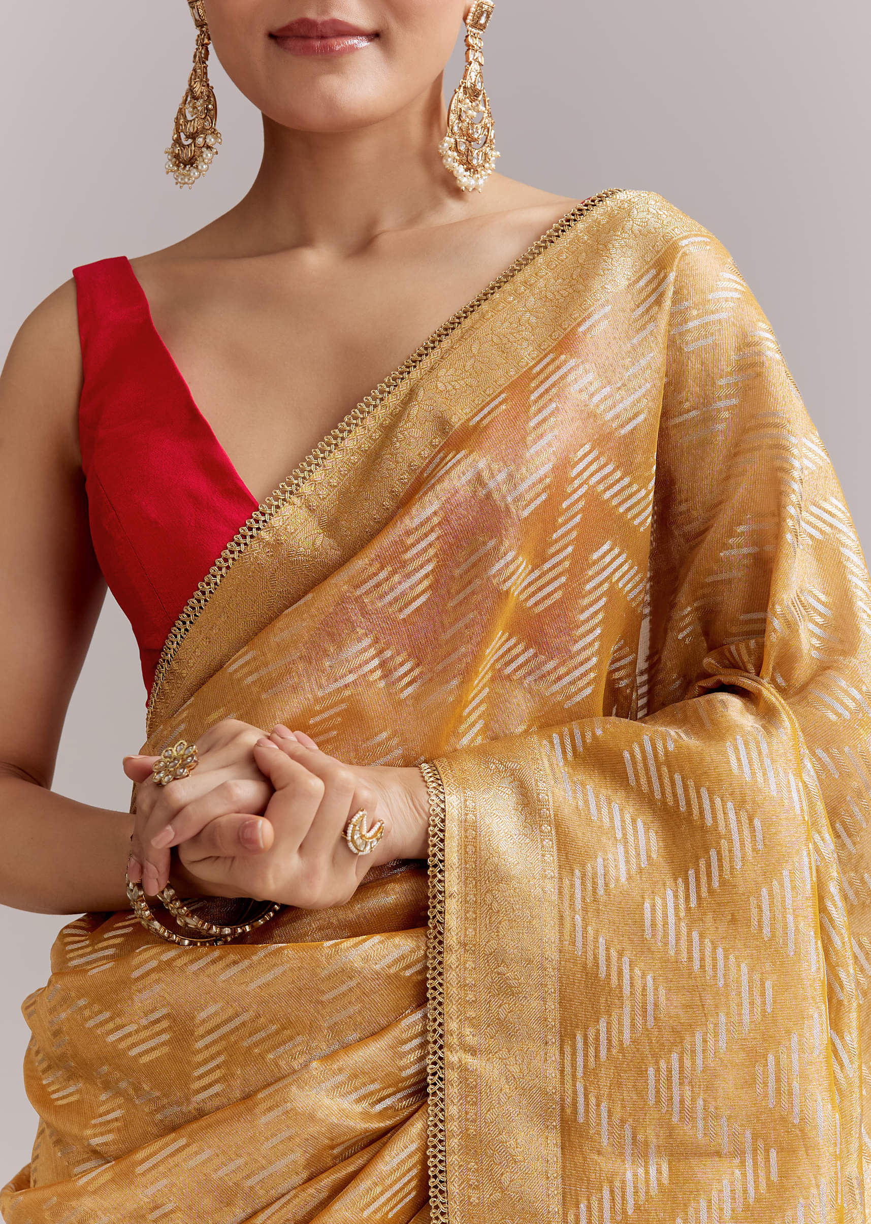 Mustard Yellow Tissue Woven Saree With Gold Tone And Zari Border - Image 2
