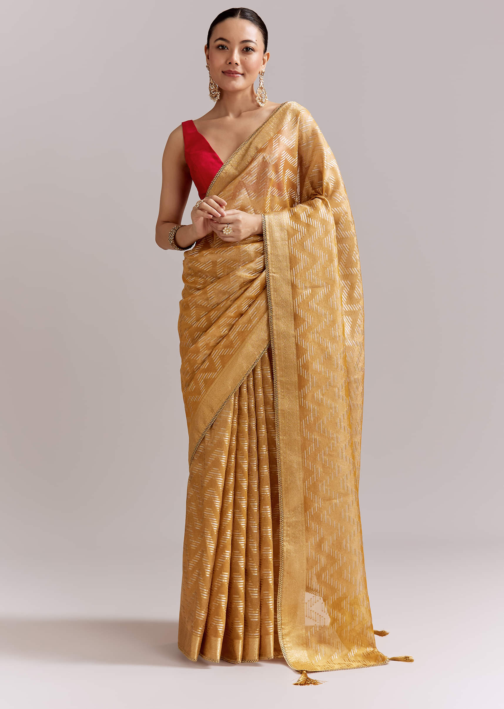 Mustard Yellow Tissue Woven Saree With Gold Tone And Zari Border - Image 3