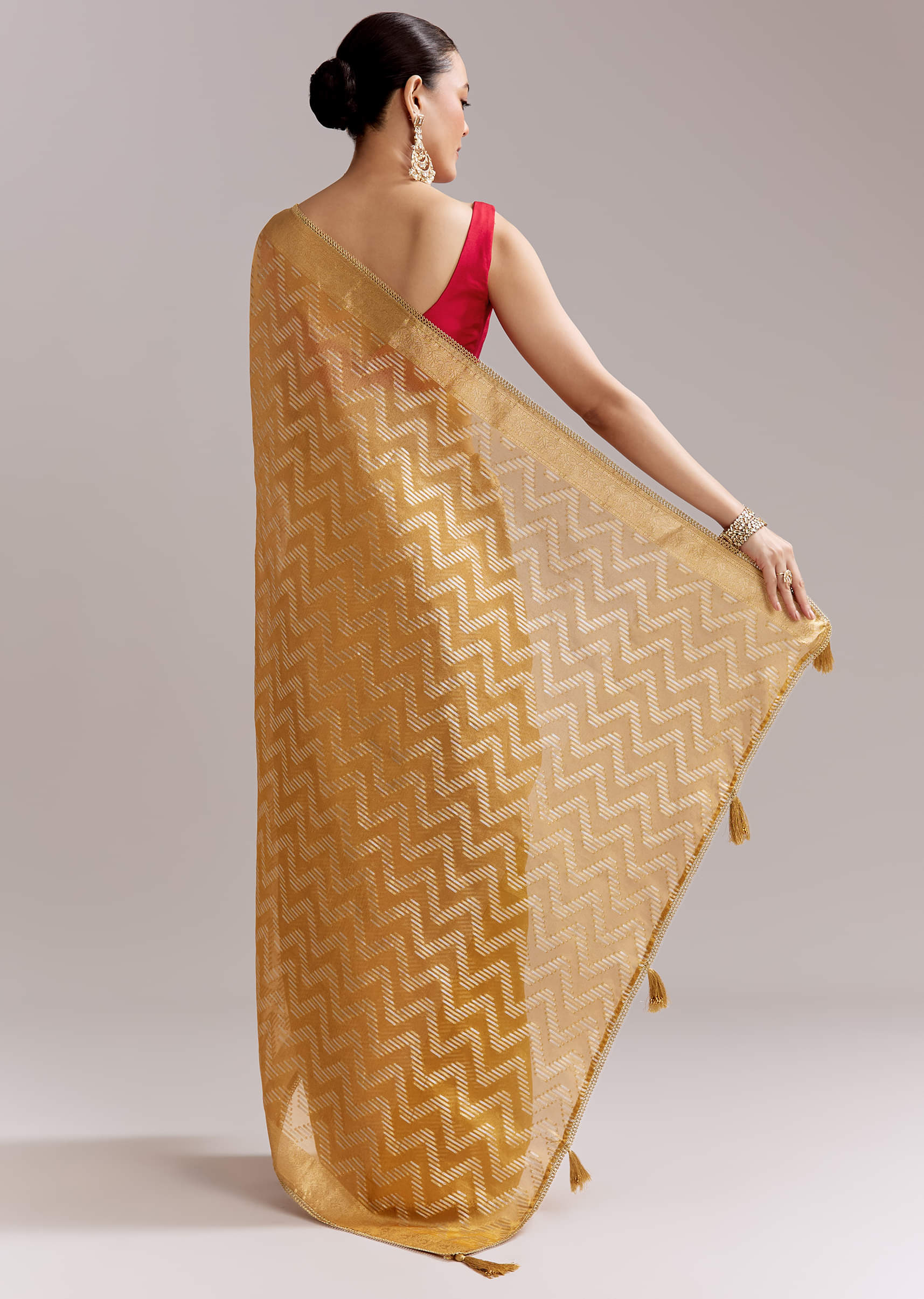 Mustard Yellow Tissue Woven Saree With Gold Tone And Zari Border - Image 4