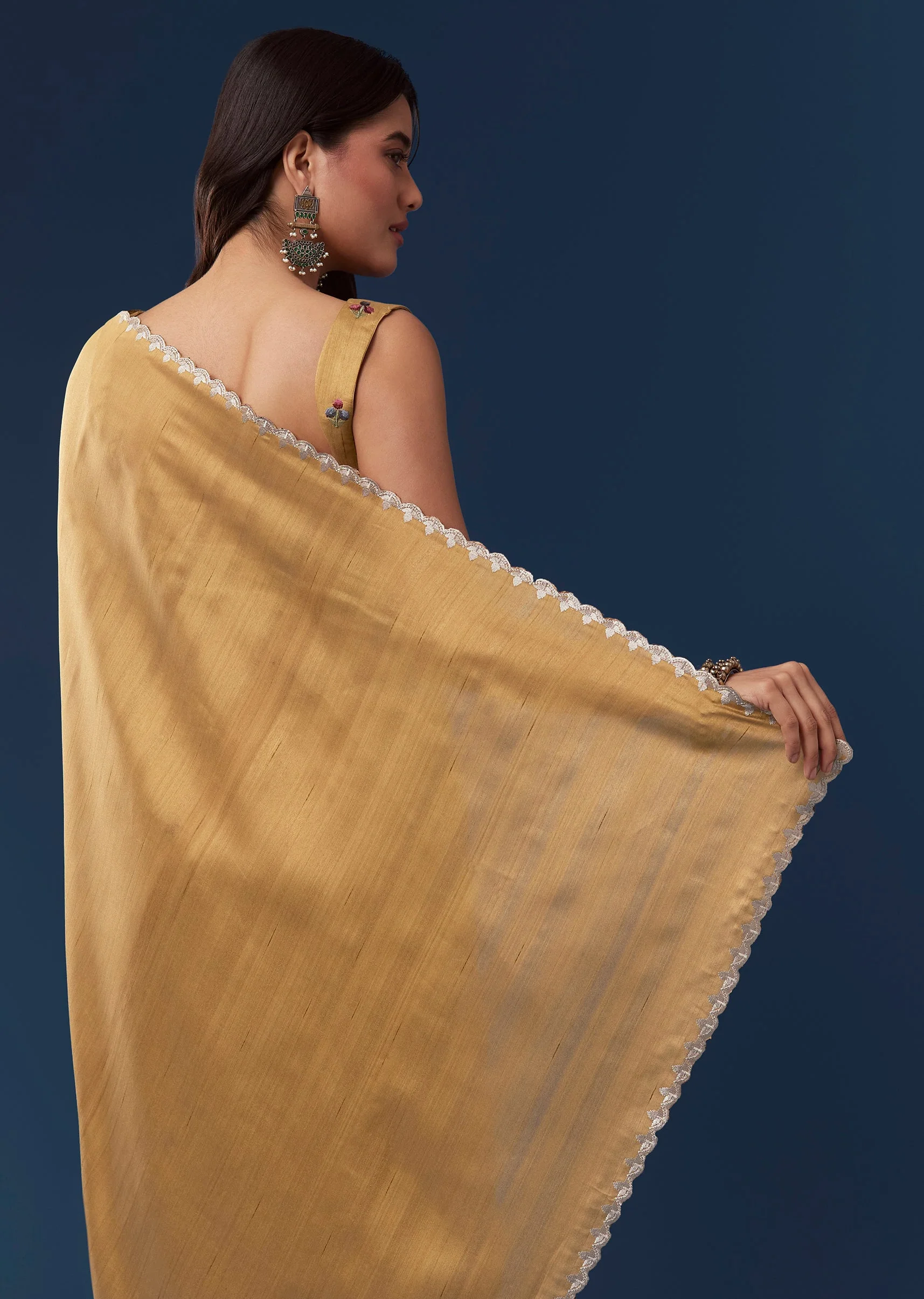 Mustard Yellow Tussar Saree With Scallop Border And Multicolor Floral Embroidery - Image 6