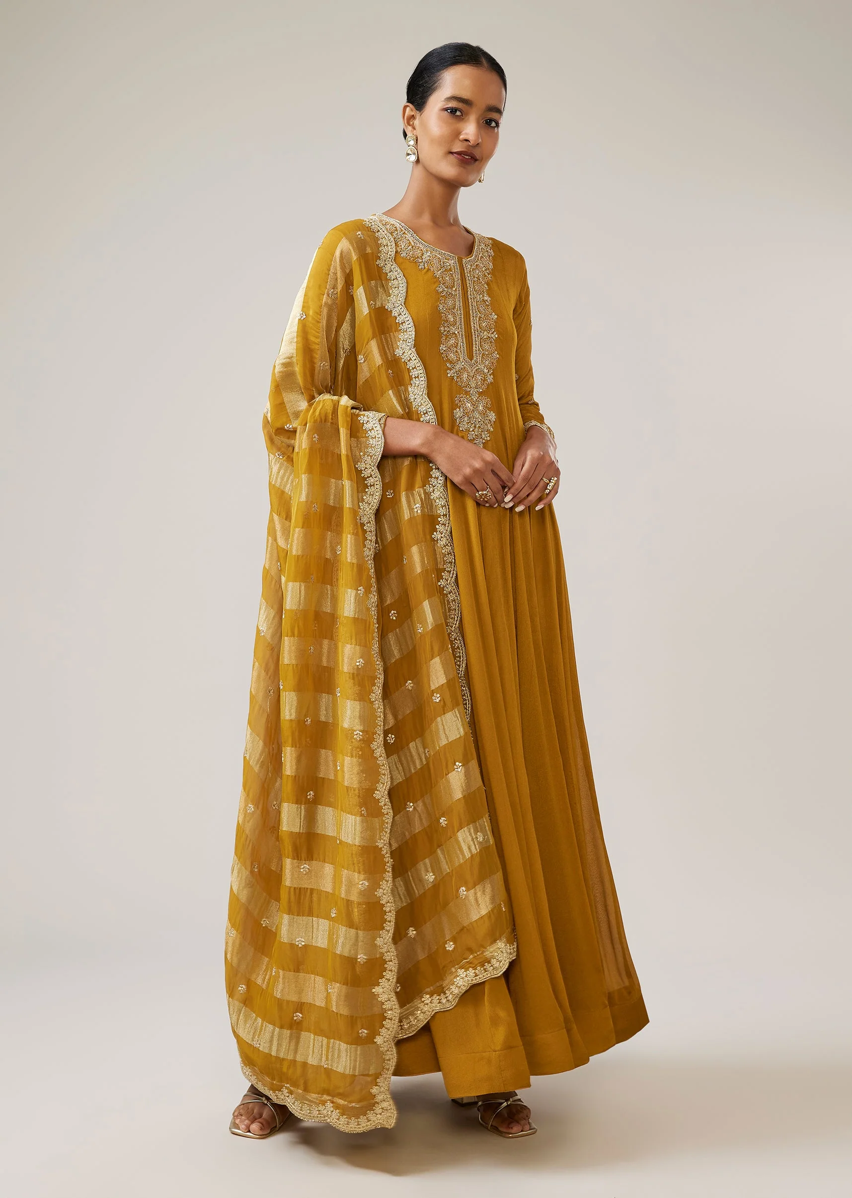 Mustard Yellow Zardozi Chinon Anarkali - Image 5