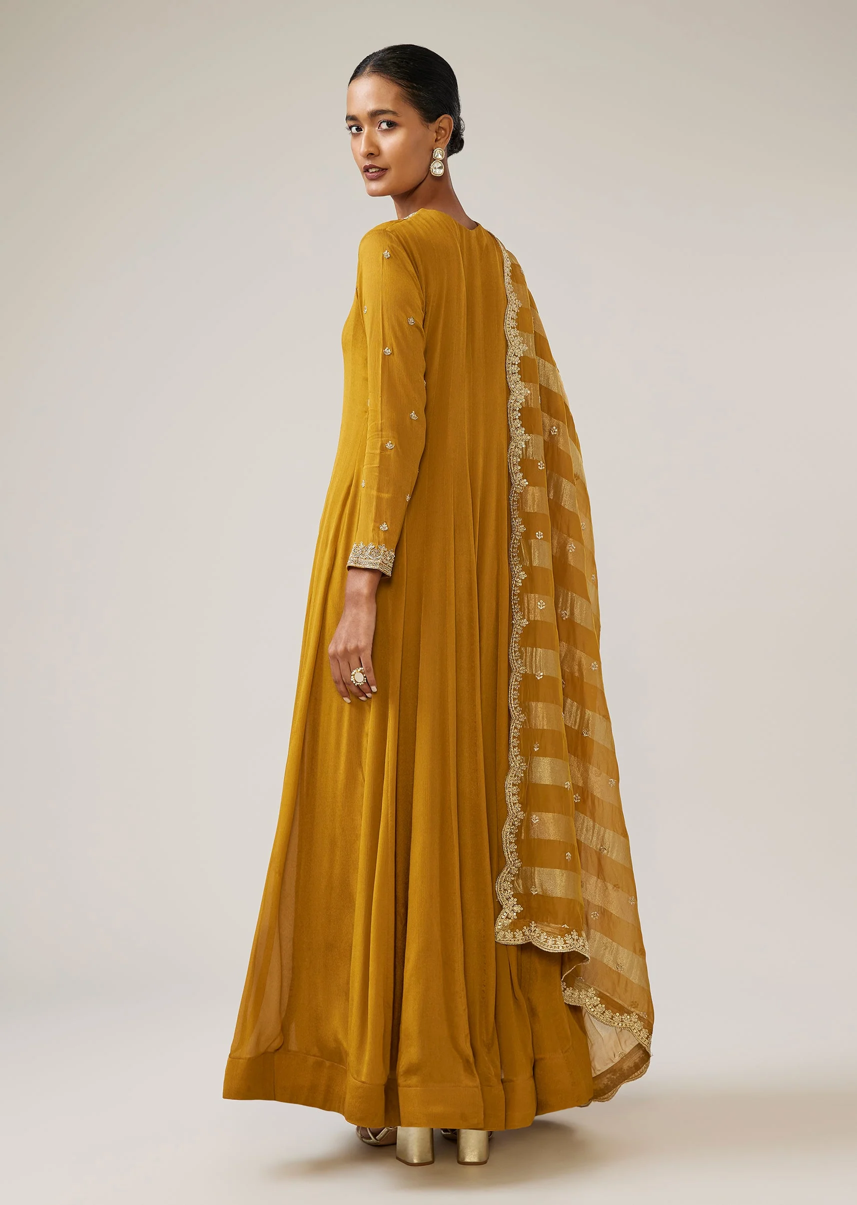 Mustard Yellow Zardozi Chinon Anarkali - Image 6