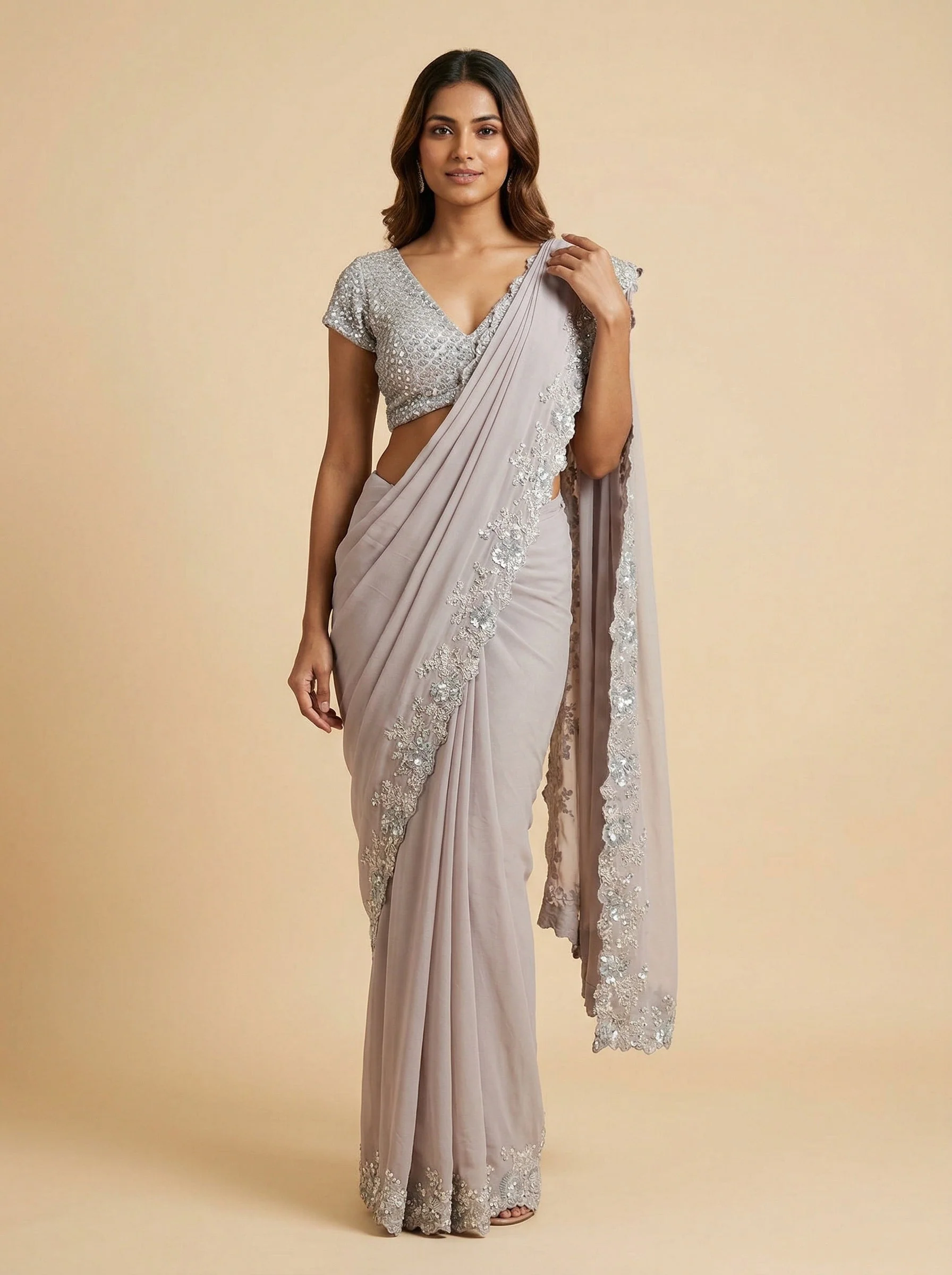 Muted Onion Pink Embroidered Saree