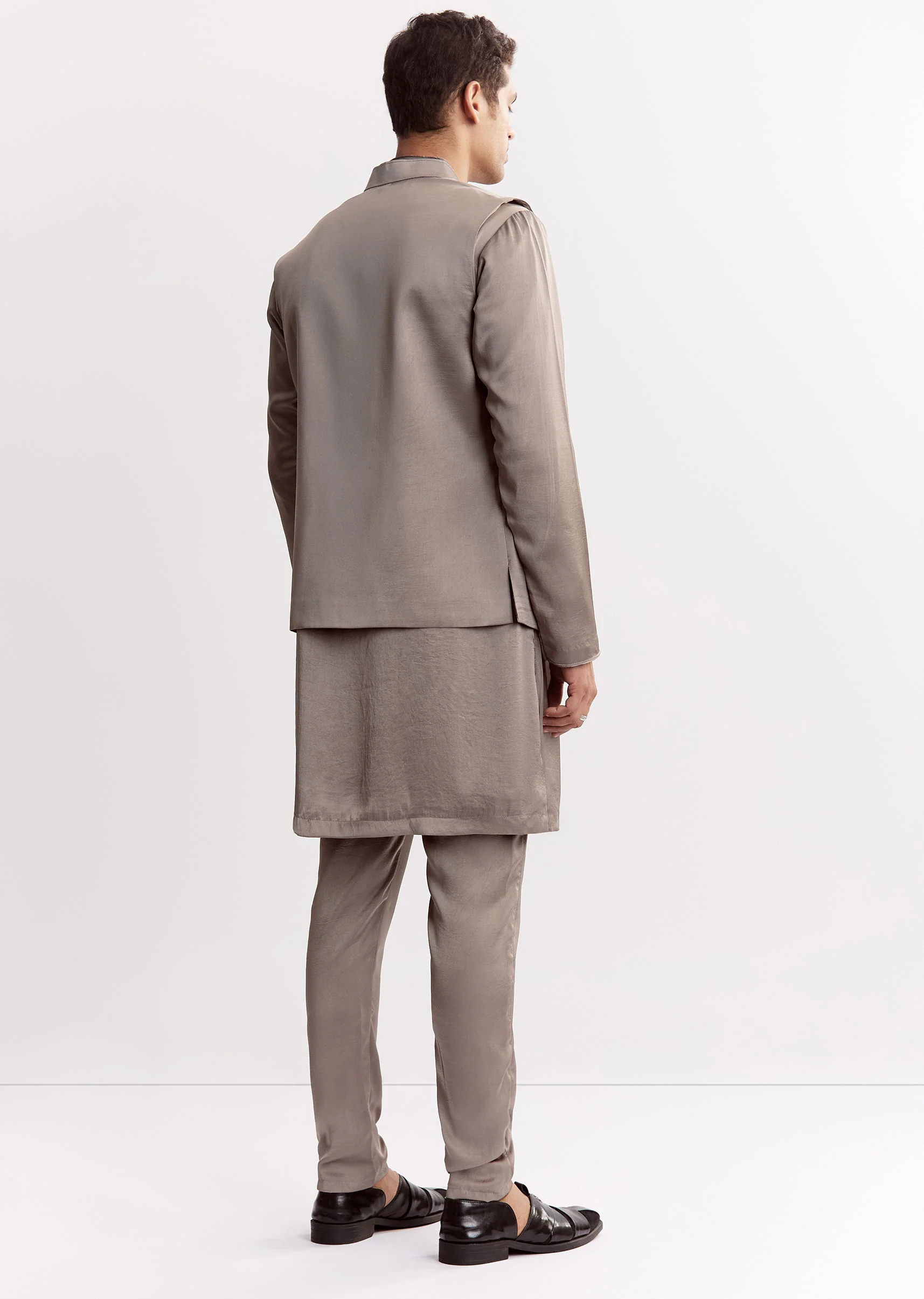 Natural Linen Kurta Jacket Set With Mandarin Collar - Image 5