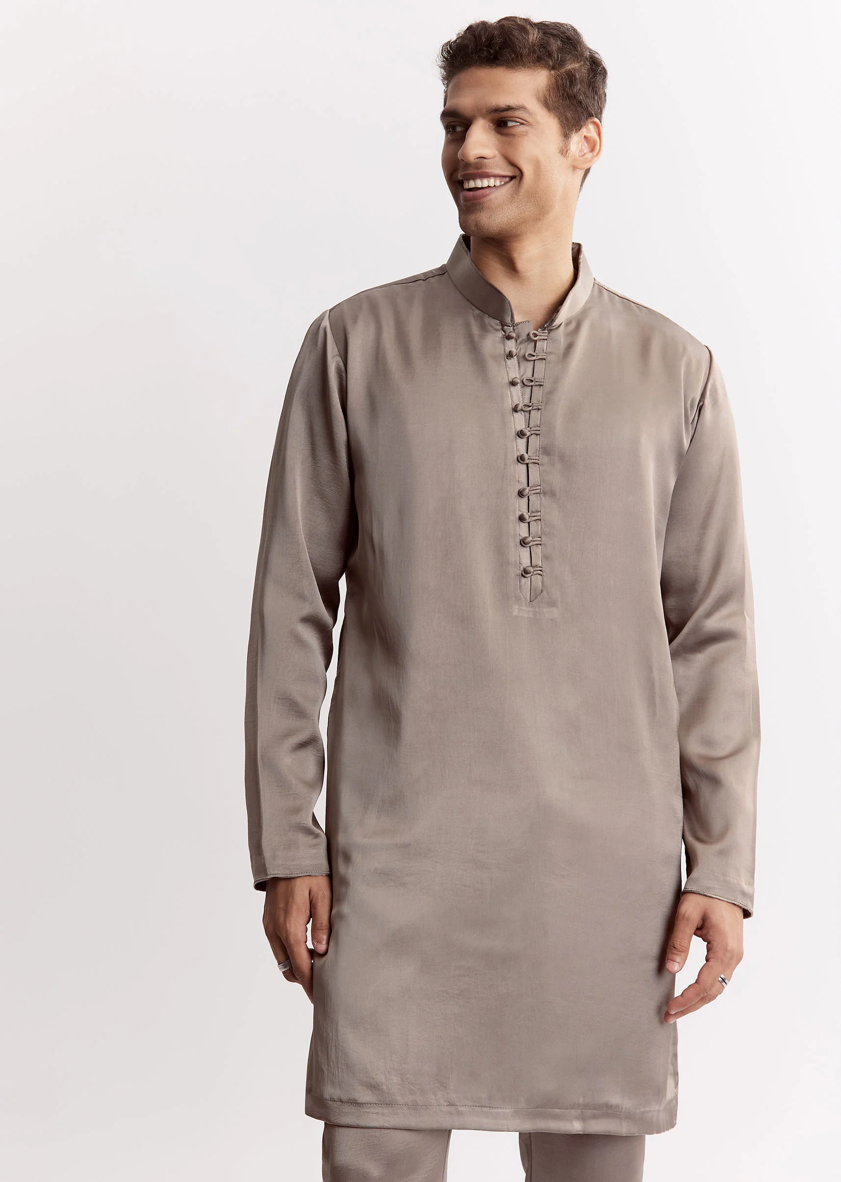 Natural Linen Kurta Jacket Set With Mandarin Collar - Image 6