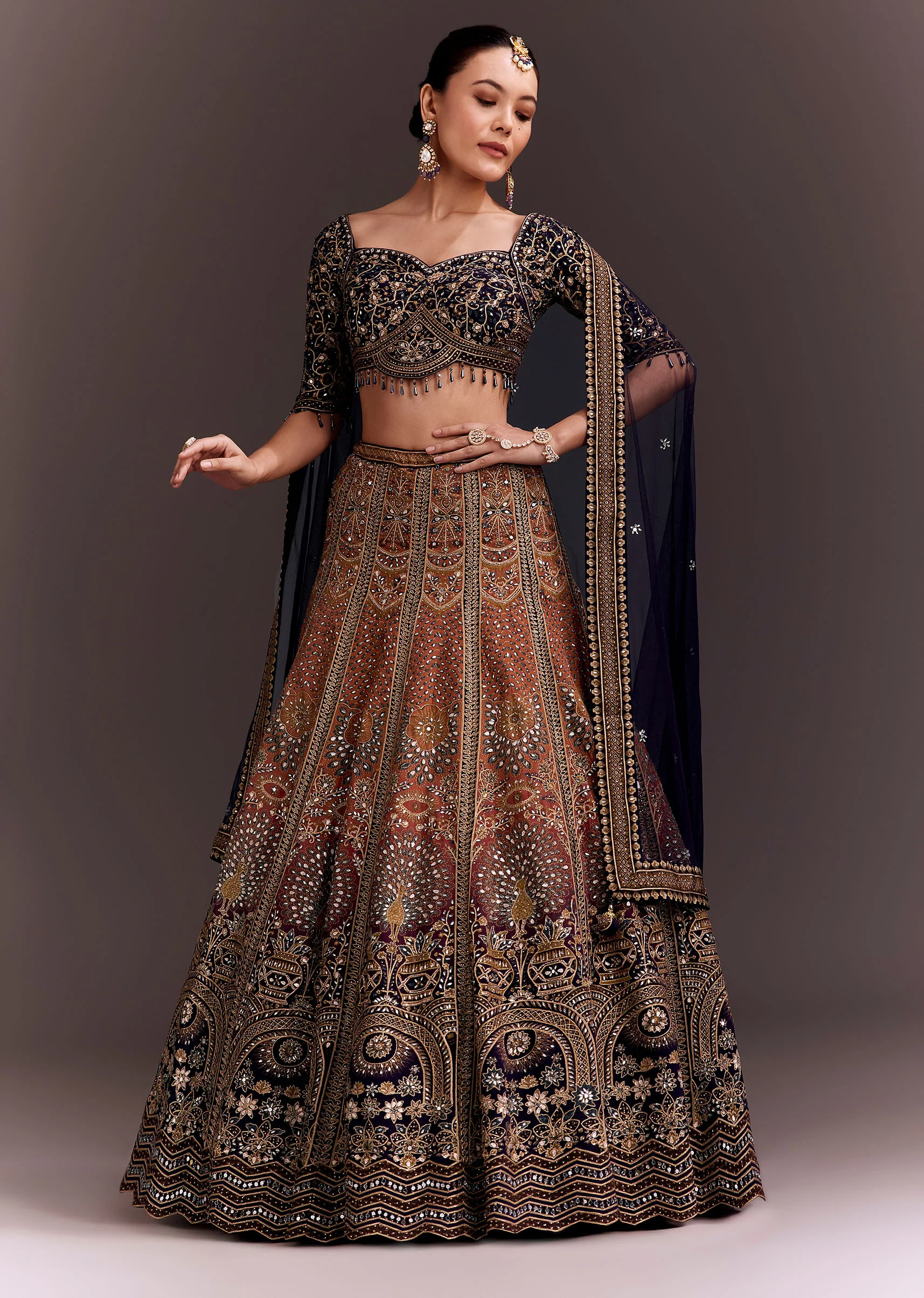 Navy Blue And Orange Zari Embroidered Lehenga Set - Image 4
