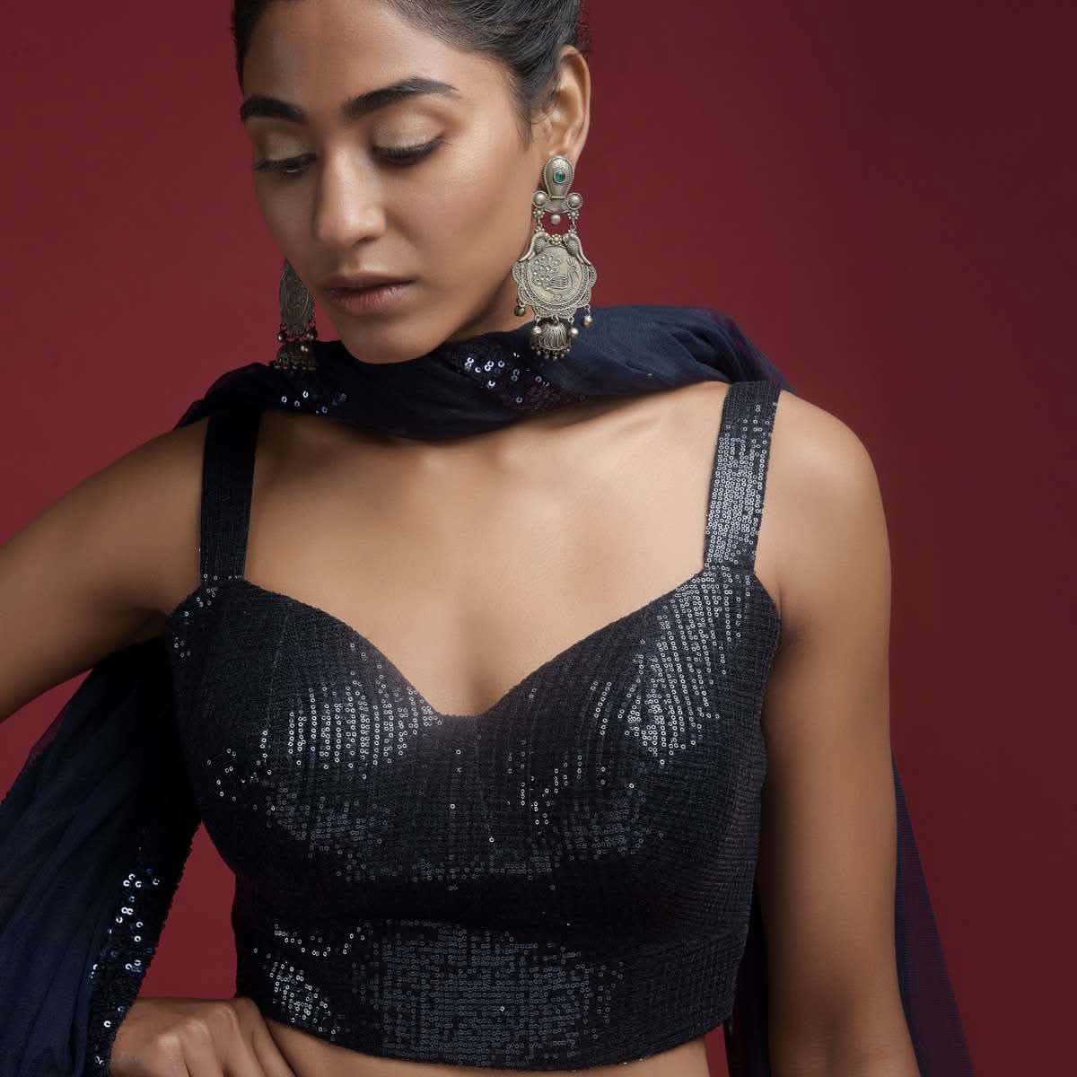 Navy Blue Blouse Embellished In Sequins With Corset Neckline - Image 3