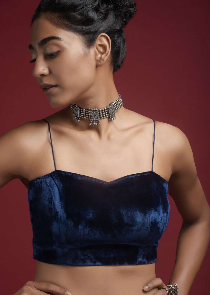 Navy Blue Blouse In Velvet With Spaghetti Straps On The Shoulders - Image 2